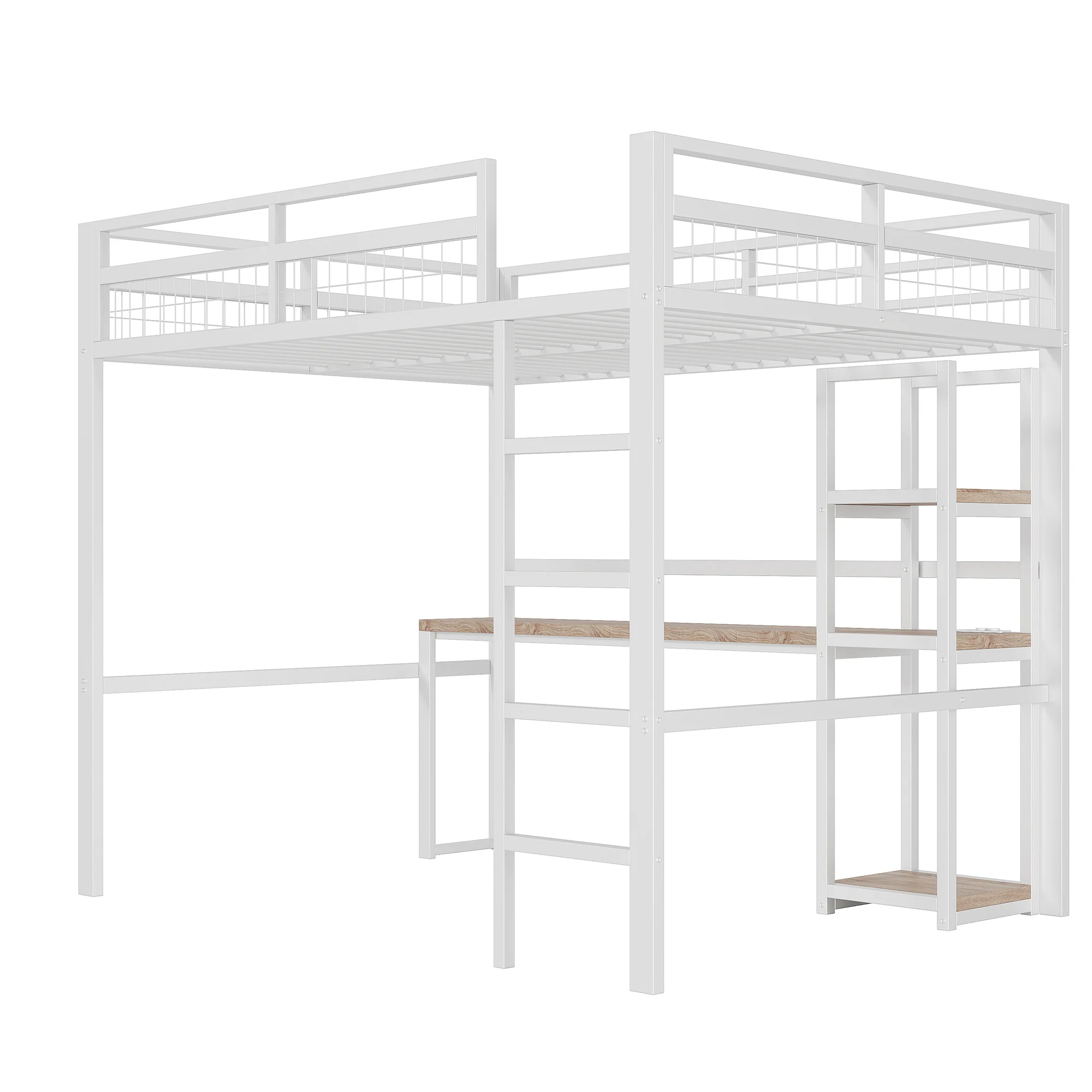 Loft Bed 140x200cm Desk Power/USB-C Shelves Stepladder - White Iron Frame - Image 10