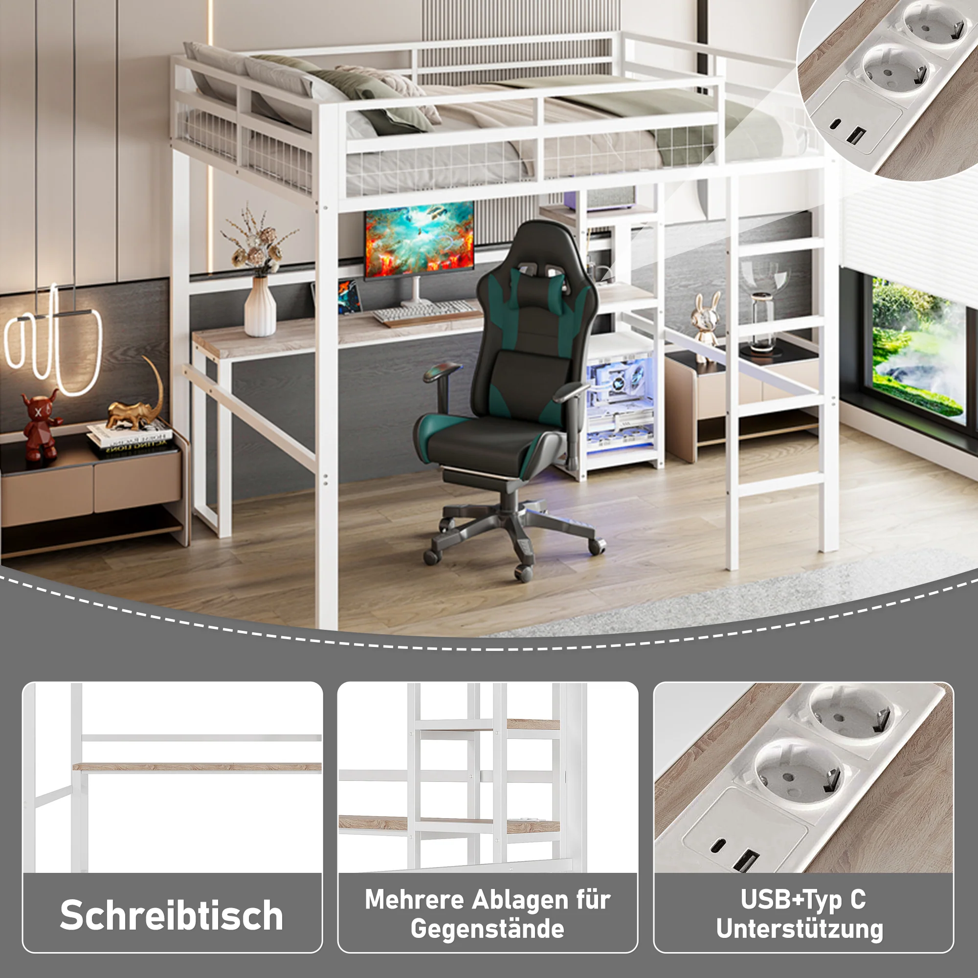 Loft Bed 140x200cm Desk Power/USB-C Shelves Stepladder - White Iron Frame - Image 2