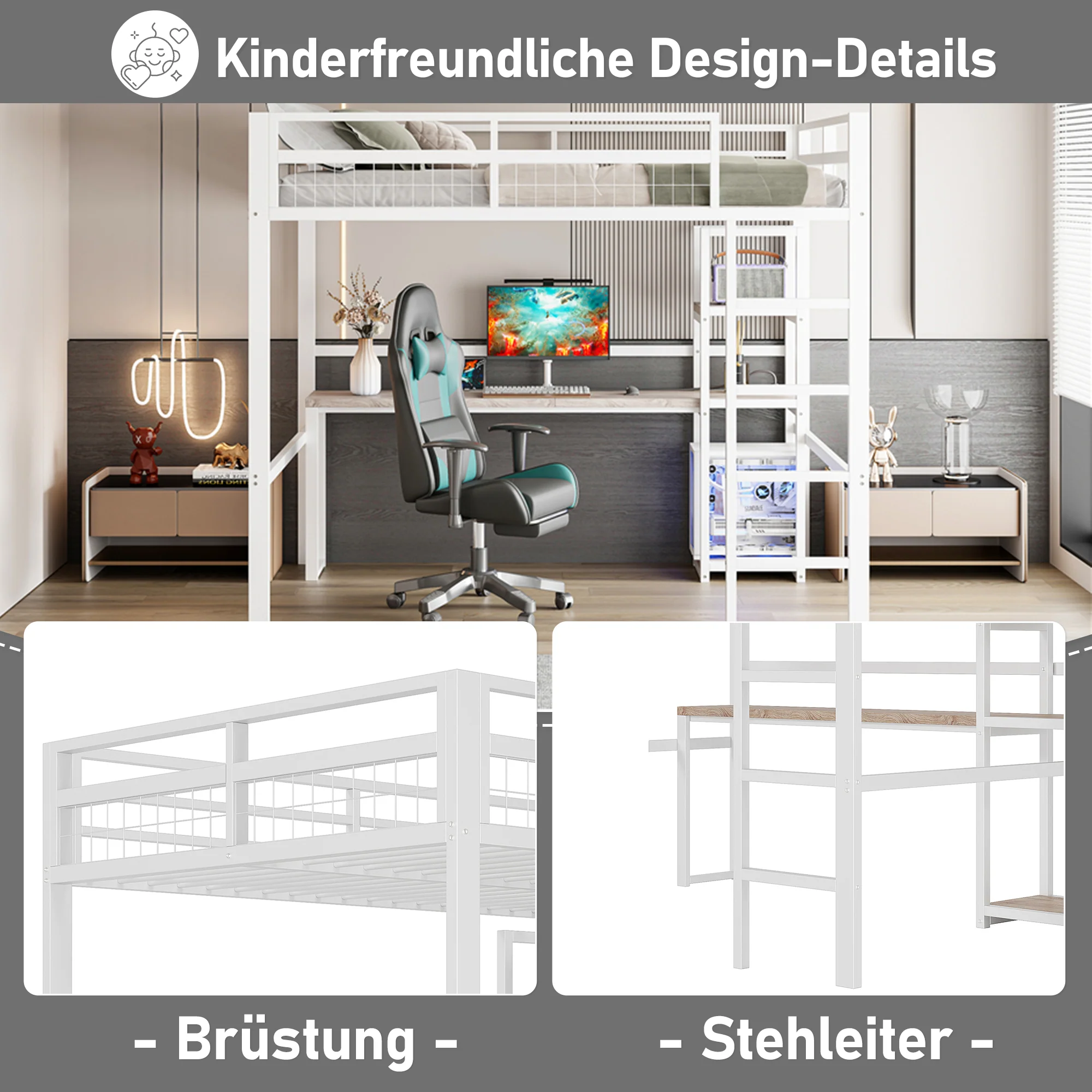 Loft Bed 140x200cm Desk Power/USB-C Shelves Stepladder - White Iron Frame - Image 3