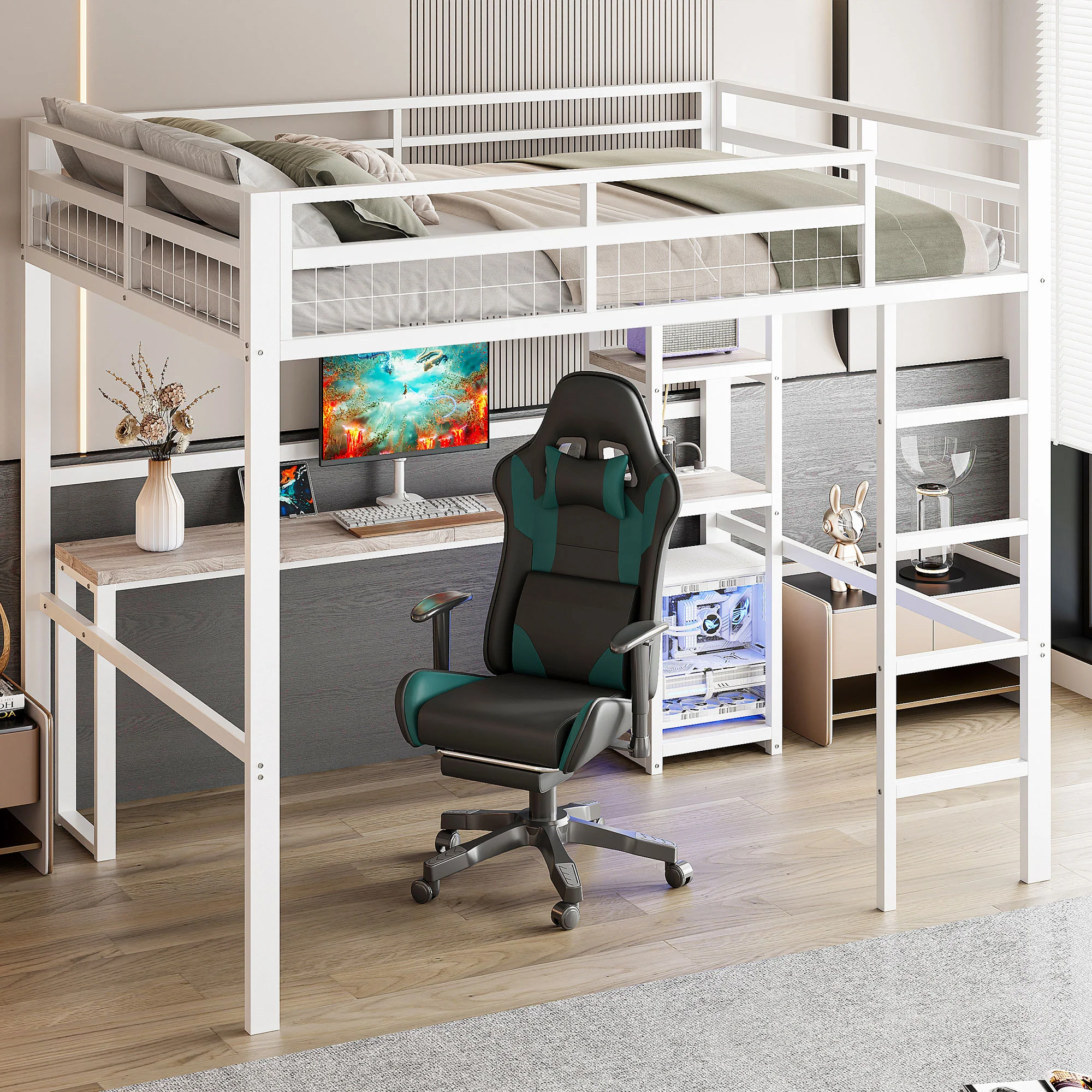Loft Bed 140x200cm Desk Power/USB-C Shelves Stepladder - White Iron Frame - Image 4
