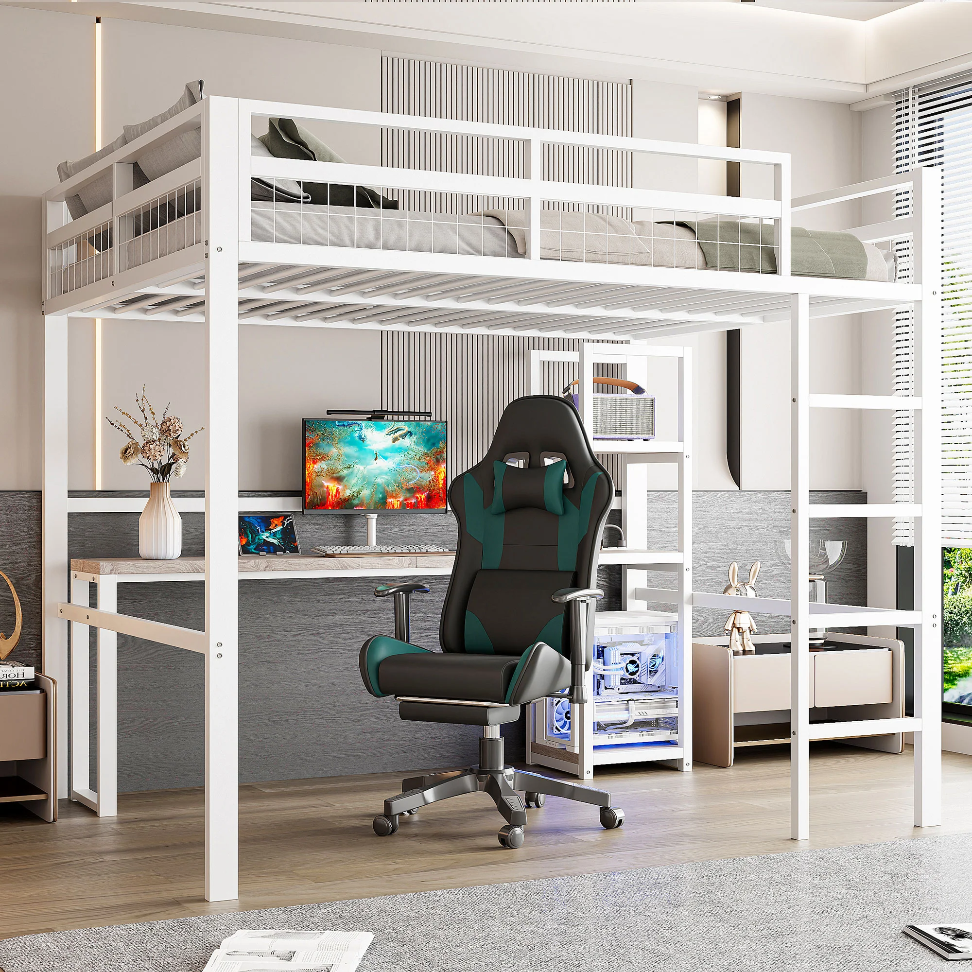 Loft Bed 140x200cm Desk Power/USB-C Shelves Stepladder - White Iron Frame - Image 5