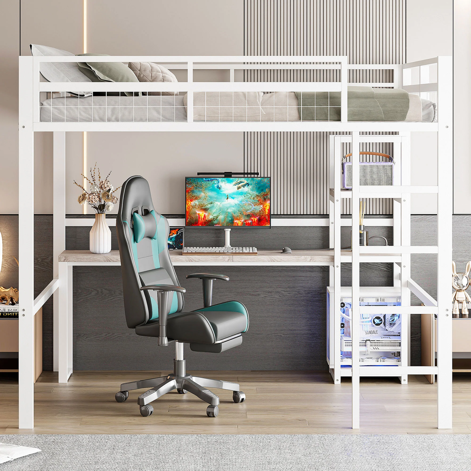 Loft Bed 140x200cm Desk Power/USB-C Shelves Stepladder - White Iron Frame - Image 6