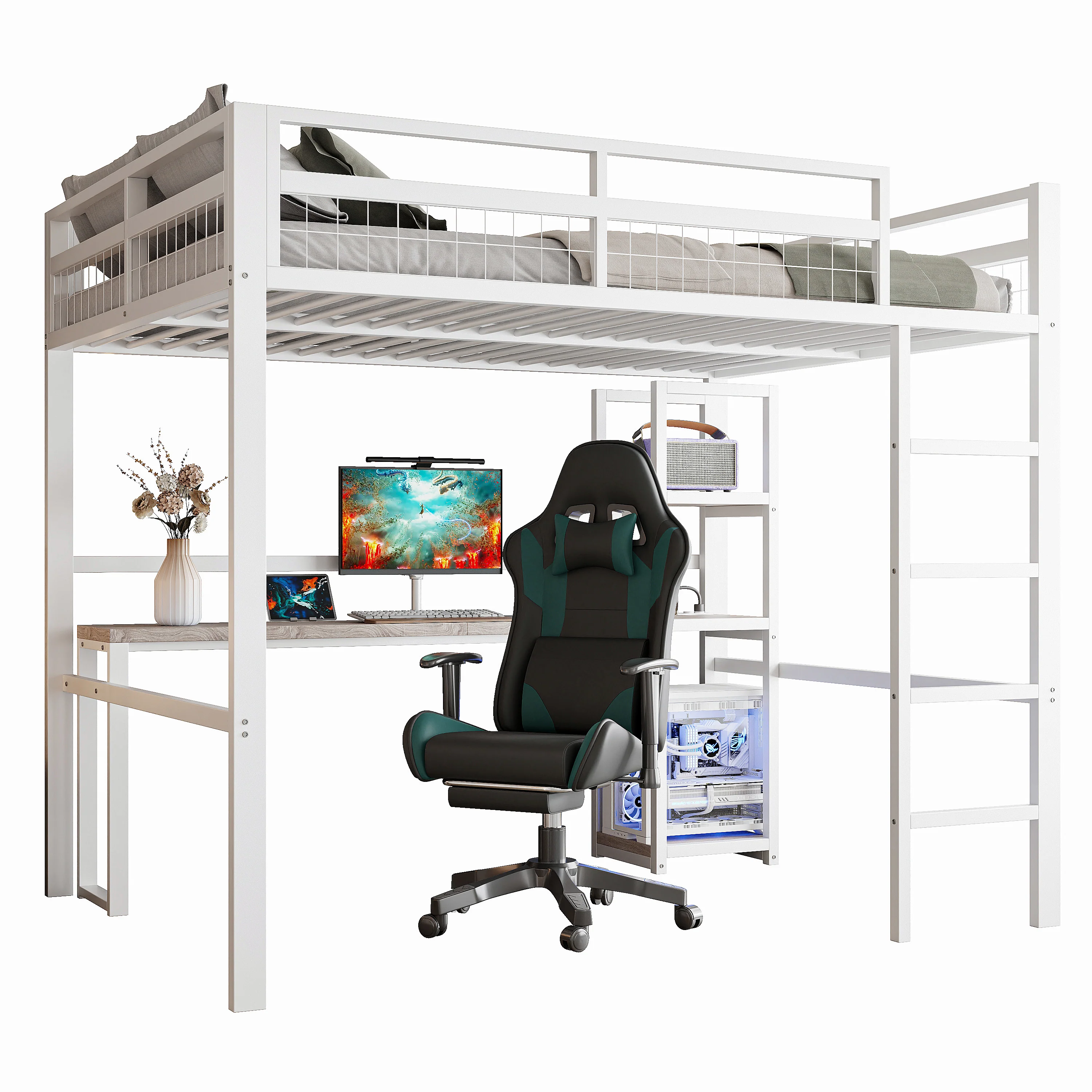 Loft Bed 140x200cm Desk Power/USB-C Shelves Stepladder - White Iron Frame - Image 7
