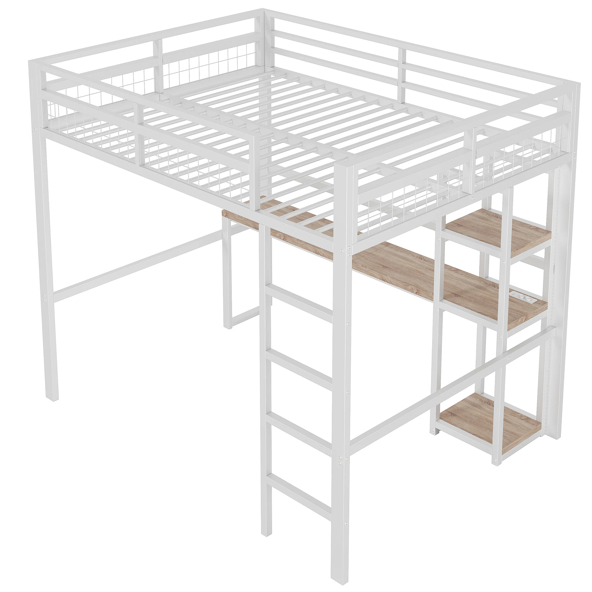 Loft Bed 140x200cm Desk Power/USB-C Shelves Stepladder - White Iron Frame - Image 9