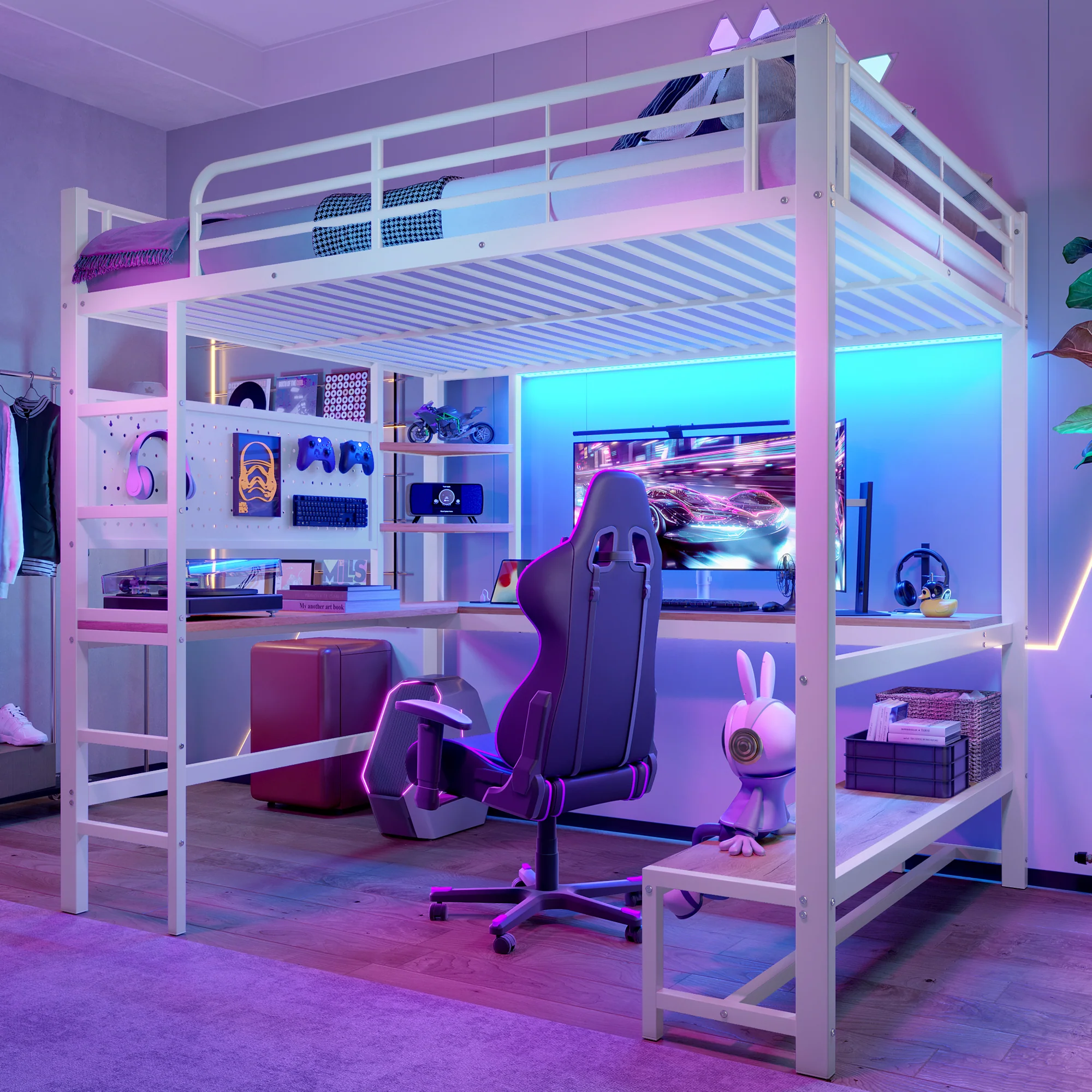 Loft Bed 140x200cm Desk Storage LED USB/Type-C Pegboard - White Iron Frame