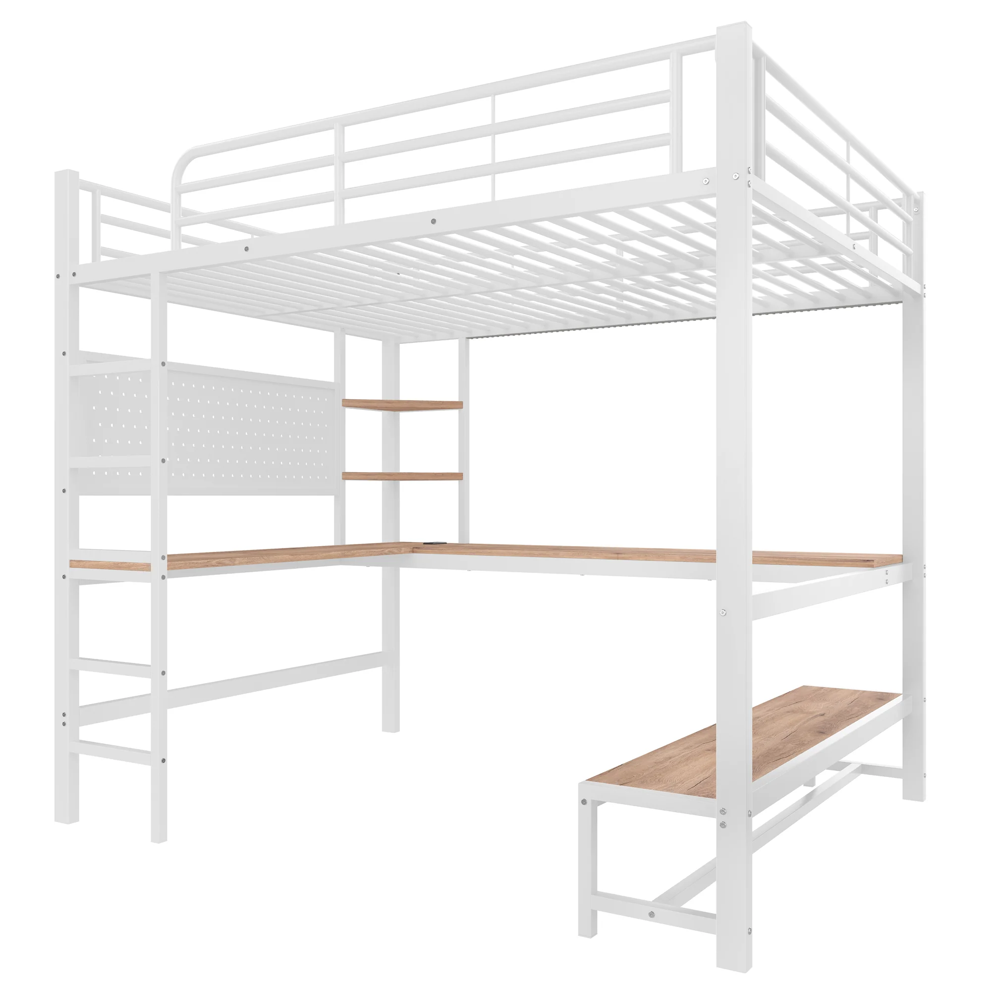 Loft Bed 140x200cm Desk Storage LED USB/Type-C Pegboard - White Iron Frame - Image 10
