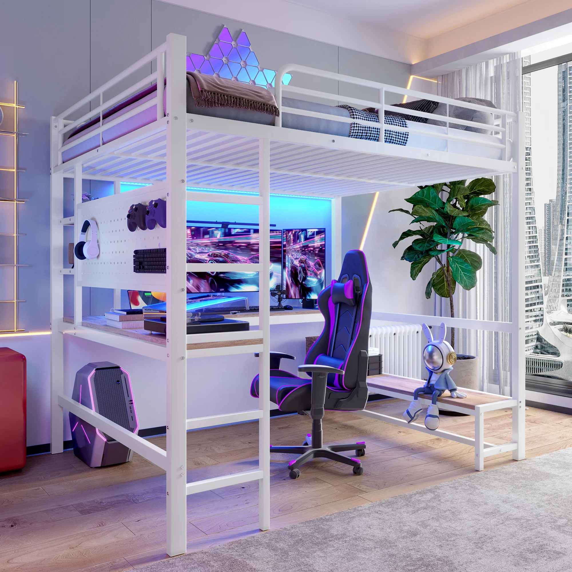 Loft Bed 140x200cm Desk Storage LED USB/Type-C Pegboard - White Iron Frame - Image 4