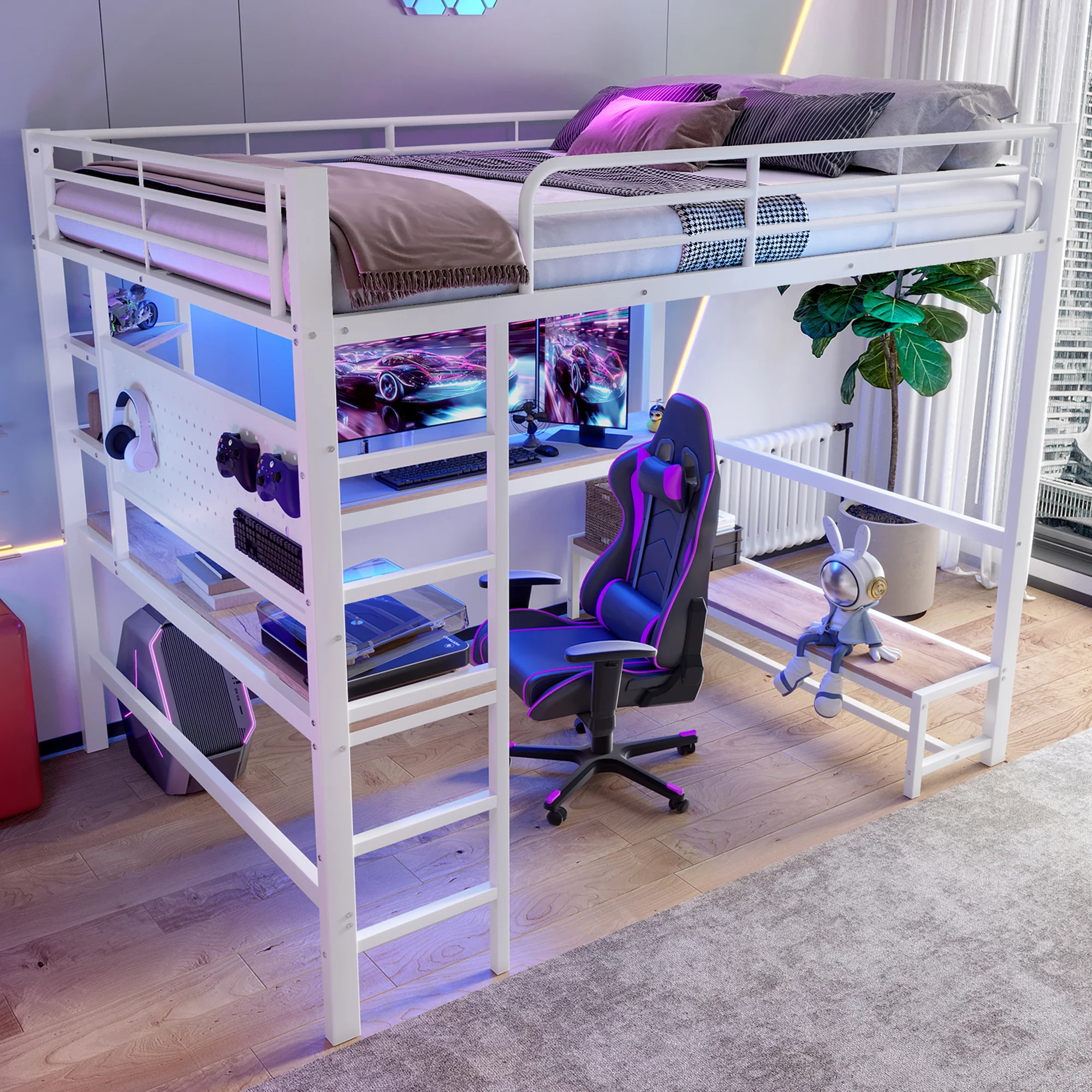 Loft Bed 140x200cm Desk Storage LED USB/Type-C Pegboard - White Iron Frame - Image 6