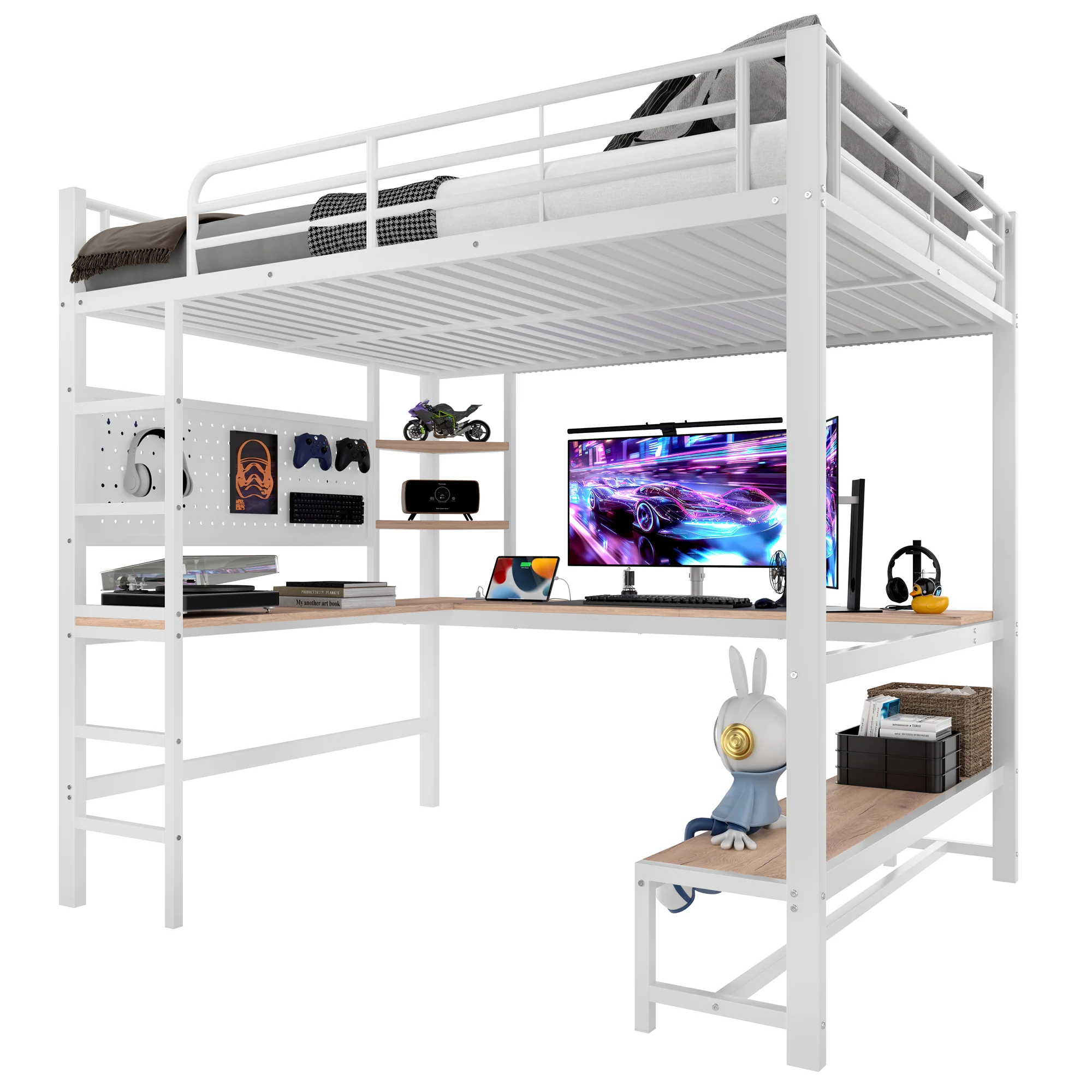 Loft Bed 140x200cm Desk Storage LED USB/Type-C Pegboard - White Iron Frame - Image 8