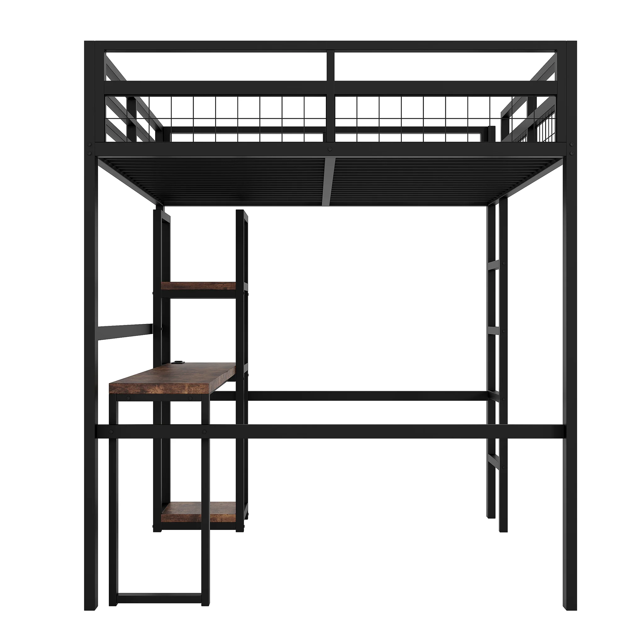Loft Bed 140x200cm Iron Frame Desk Shelves Power USB/Type-C - Black - Image 10