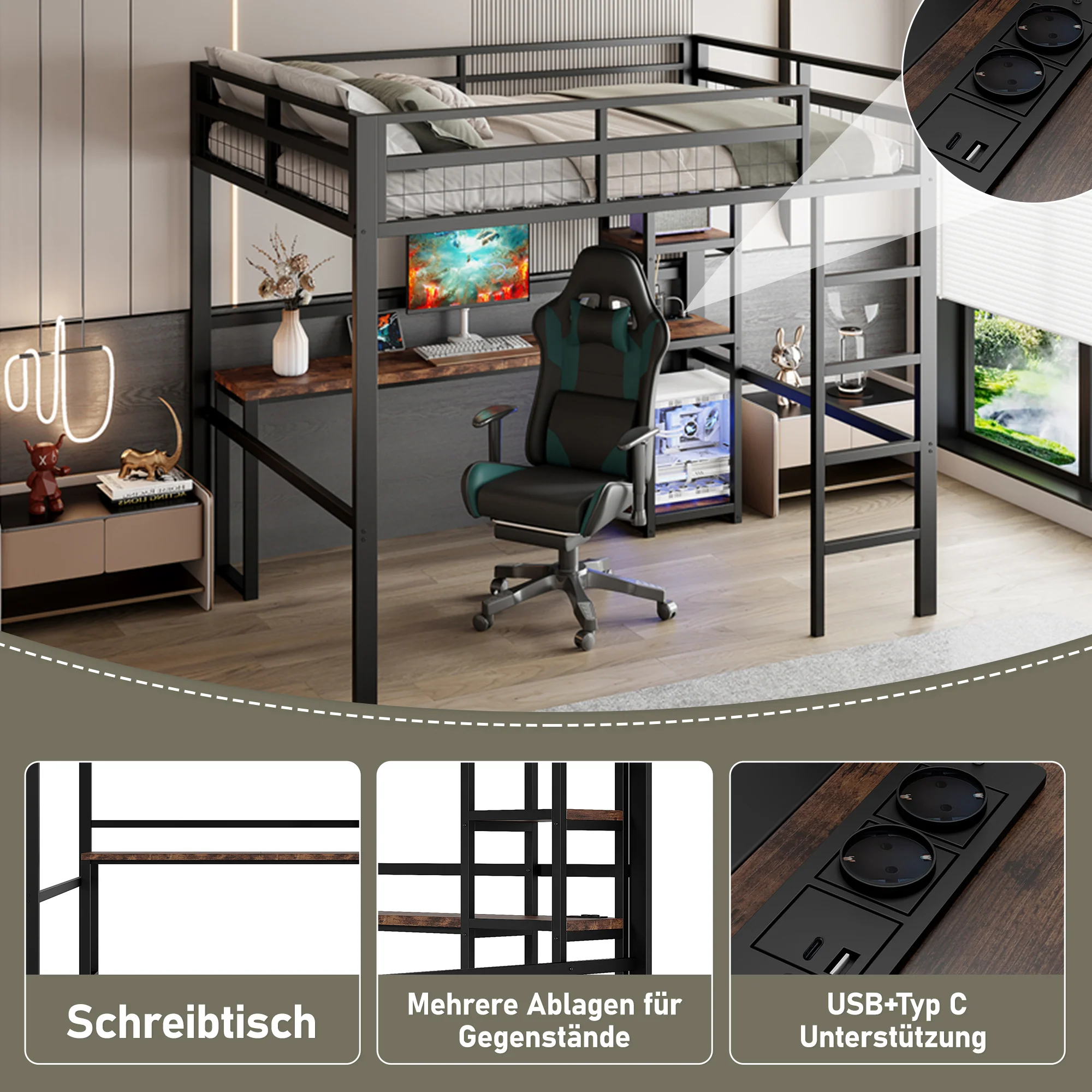 Loft Bed 140x200cm Iron Frame Desk Shelves Power USB/Type-C - Black - Image 2