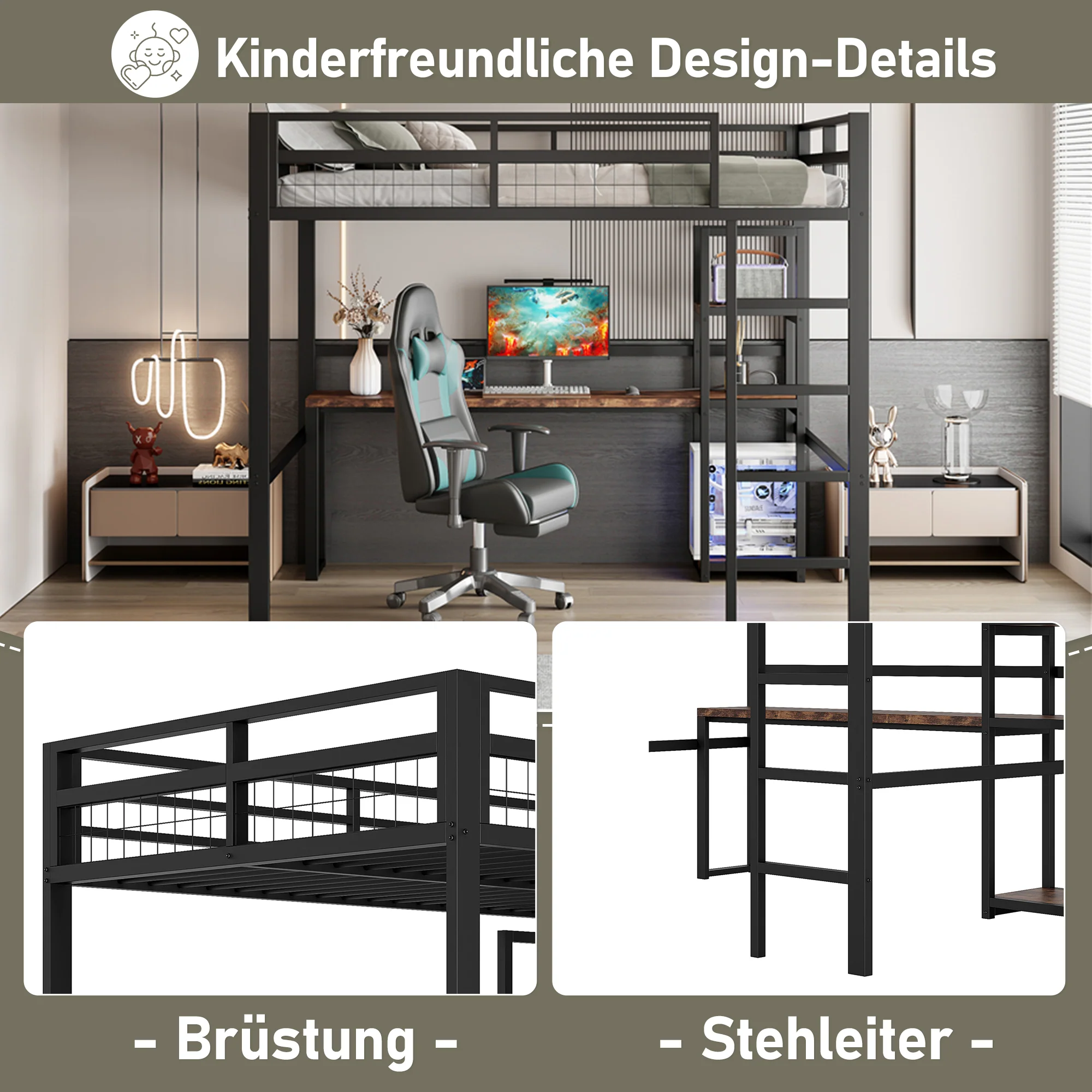Loft Bed 140x200cm Iron Frame Desk Shelves Power USB/Type-C - Black - Image 3