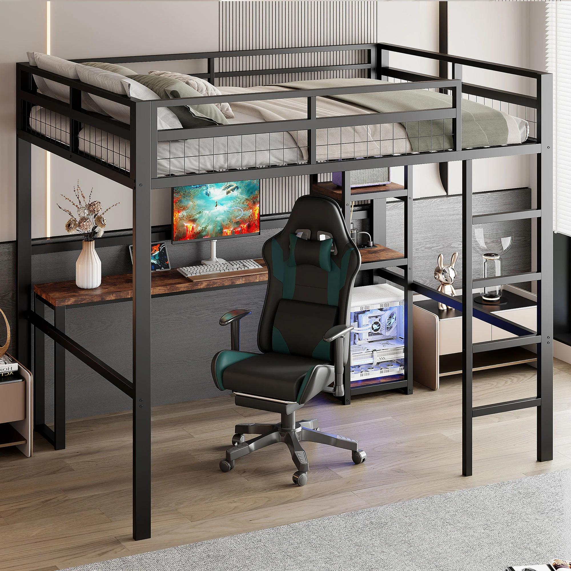 Loft Bed 140x200cm Iron Frame Desk Shelves Power USB/Type-C - Black - Image 4