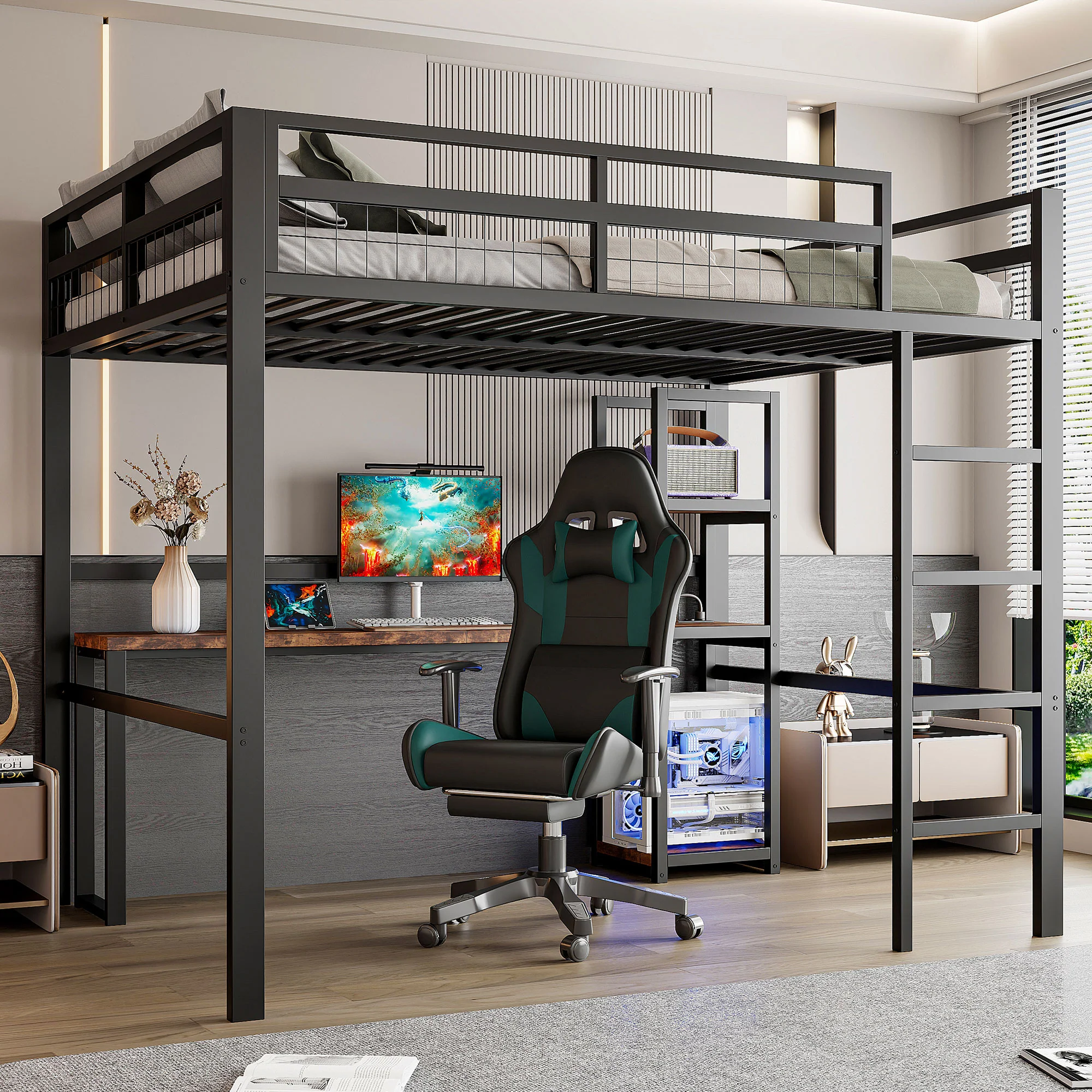 Loft Bed 140x200cm Iron Frame Desk Shelves Power USB/Type-C - Black - Image 5