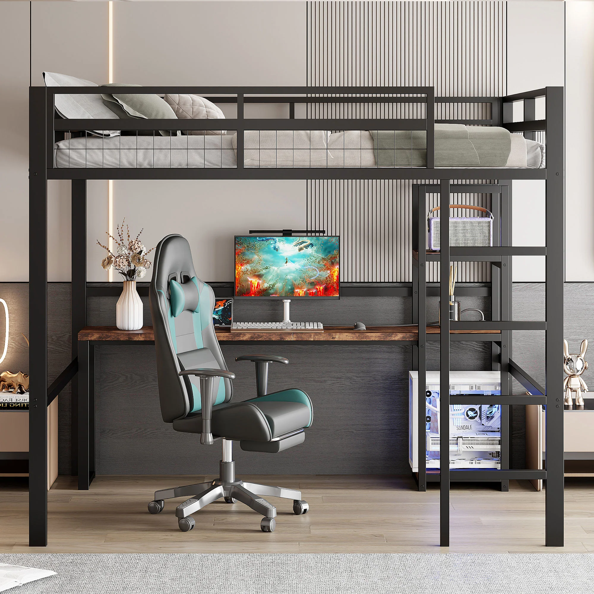 Loft Bed 140x200cm Iron Frame Desk Shelves Power USB/Type-C - Black - Image 6