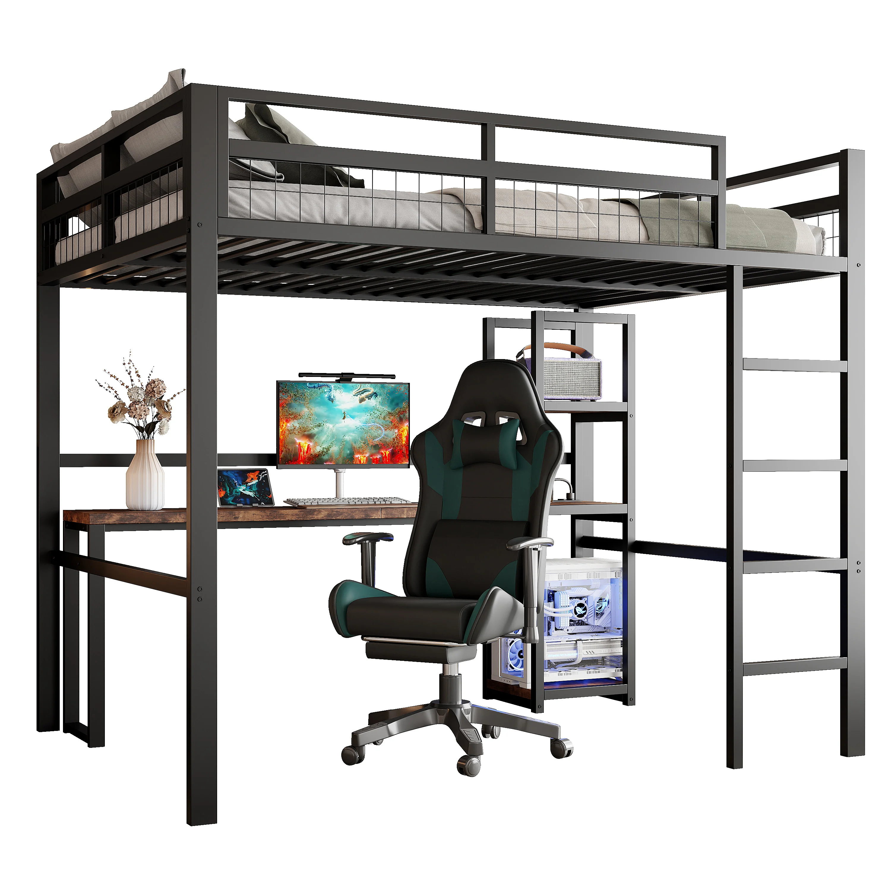 Loft Bed 140x200cm Iron Frame Desk Shelves Power USB/Type-C - Black - Image 7
