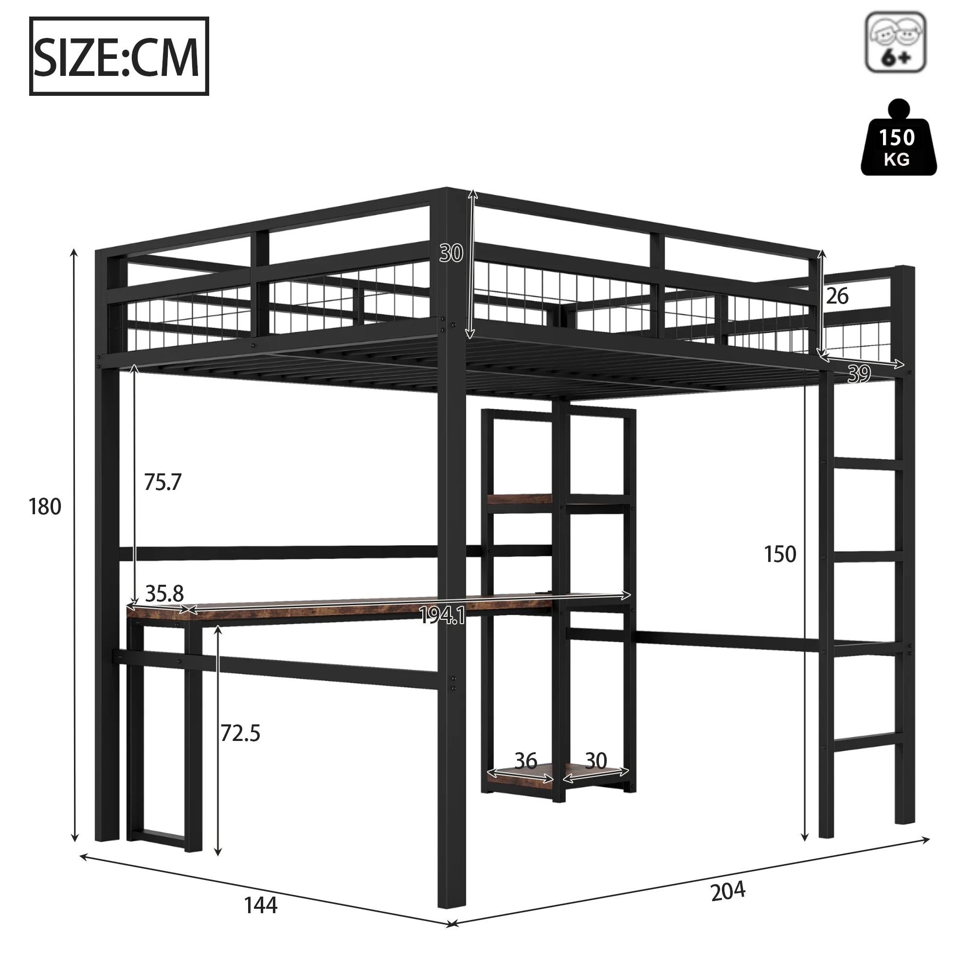 Loft Bed 140x200cm Iron Frame Desk Shelves Power USB/Type-C - Black - Image 8
