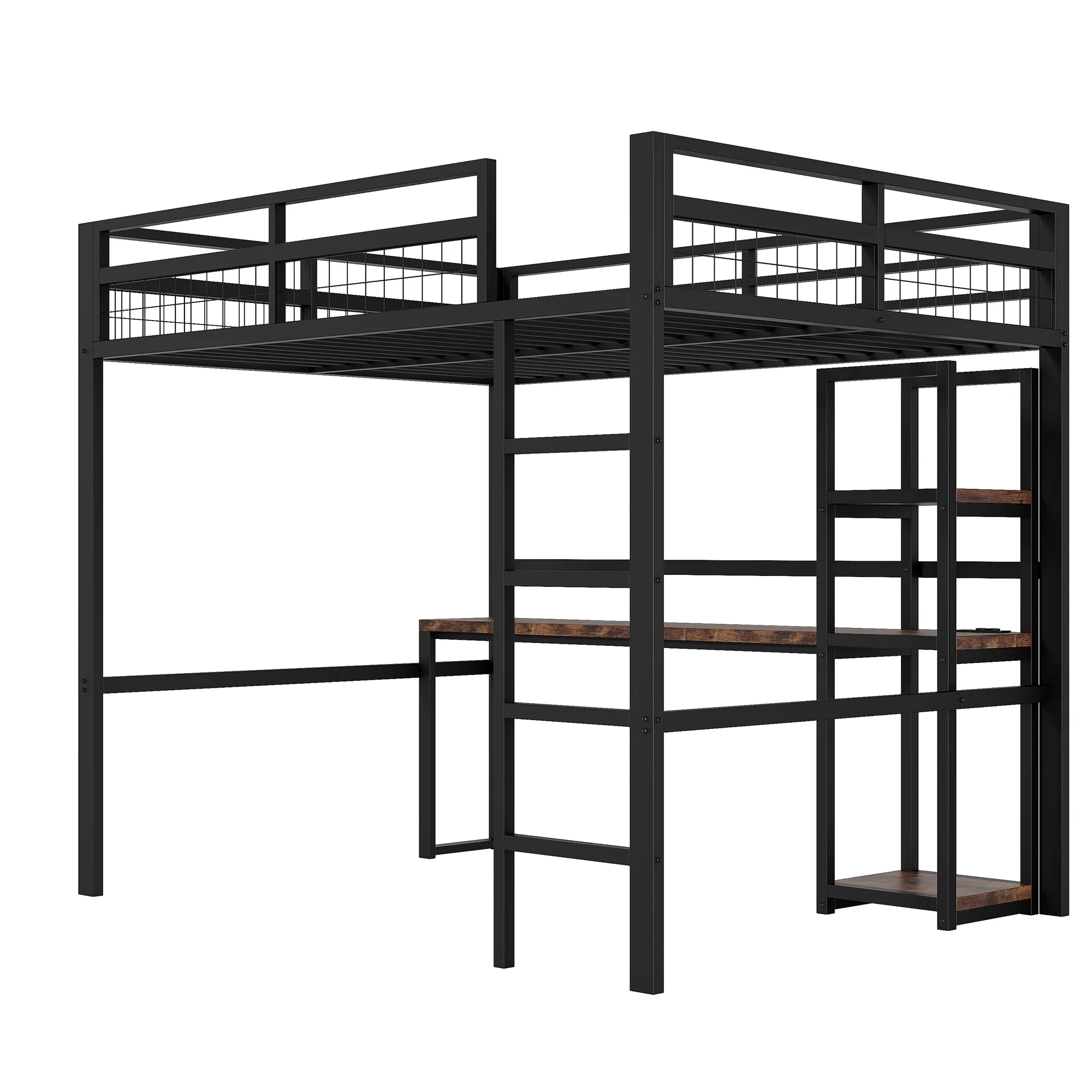 Loft Bed 140x200cm Iron Frame Desk Shelves Power USB/Type-C - Black - Image 9