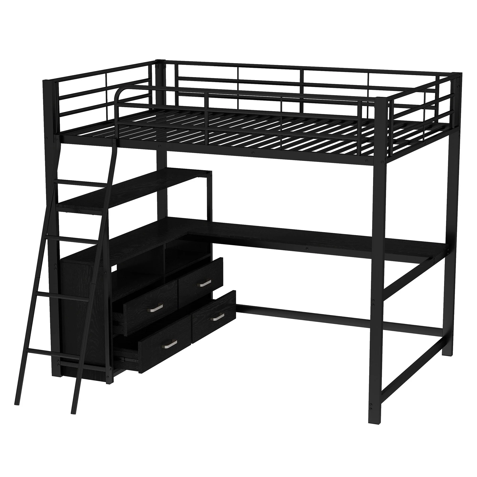 Loft Bed 140x200cm Iron Frame Drawers L-Shaped Desk - Black - Image 10