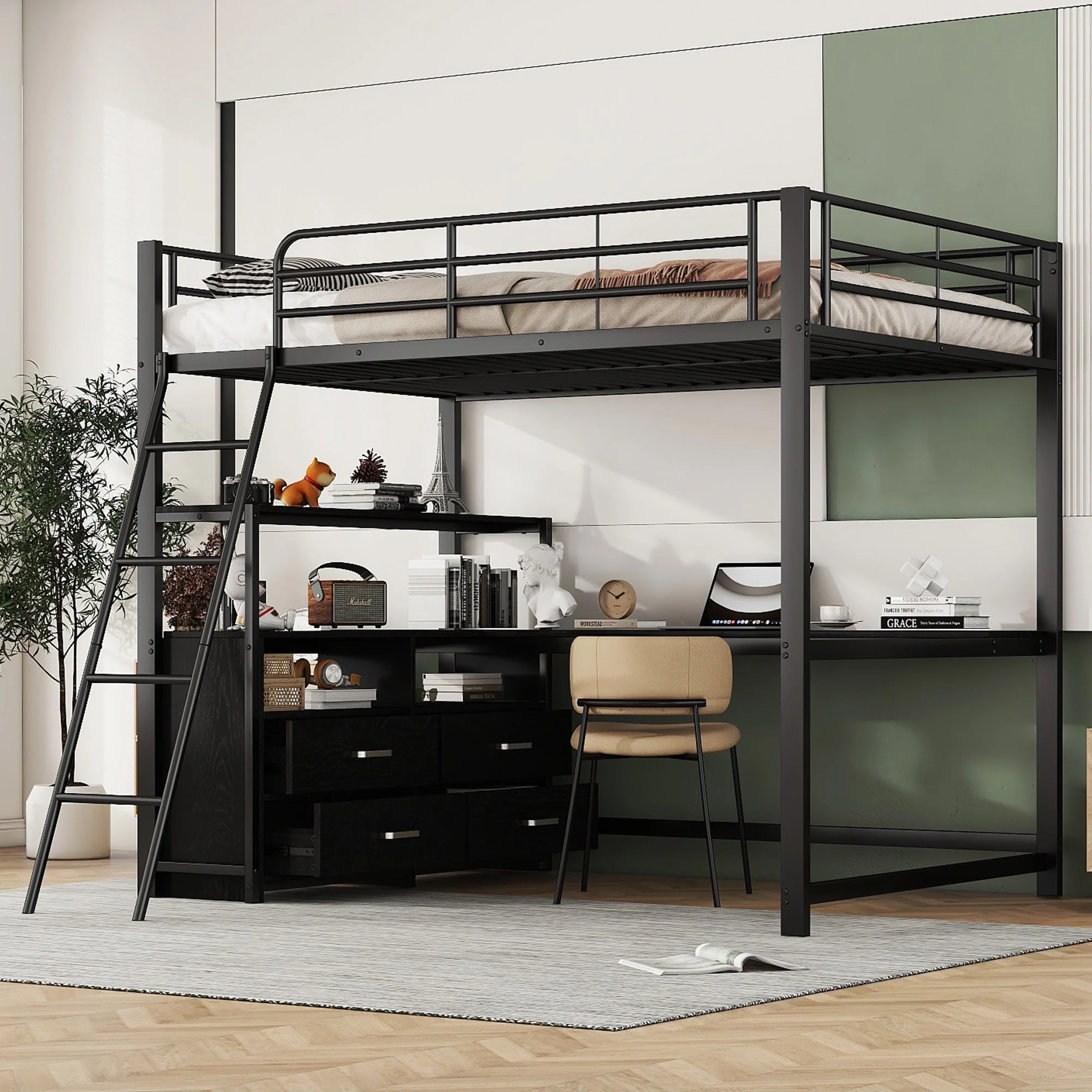 Loft Bed 140x200cm Iron Frame Drawers L-Shaped Desk - Black - Image 2