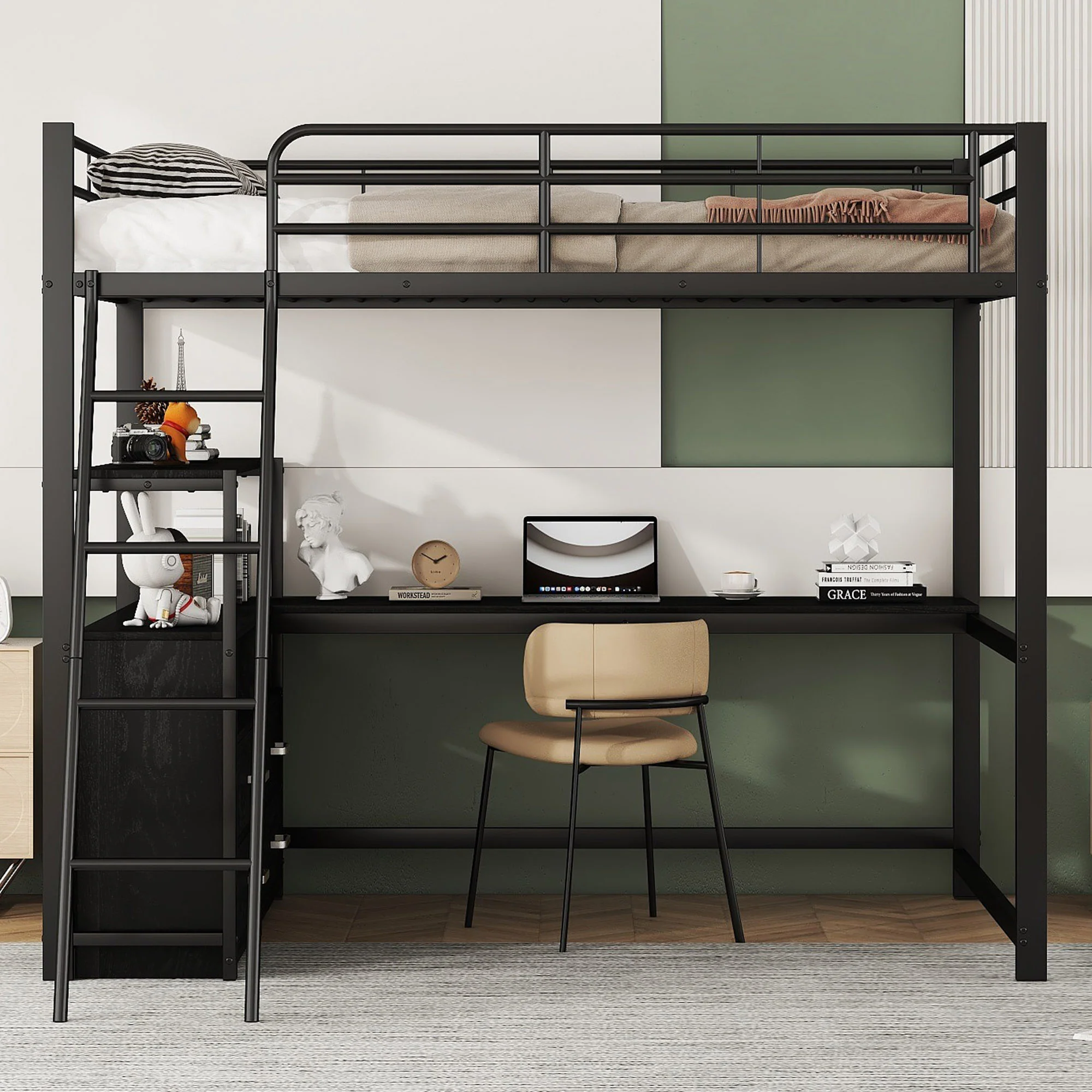 Loft Bed 140x200cm Iron Frame Drawers L-Shaped Desk - Black - Image 3