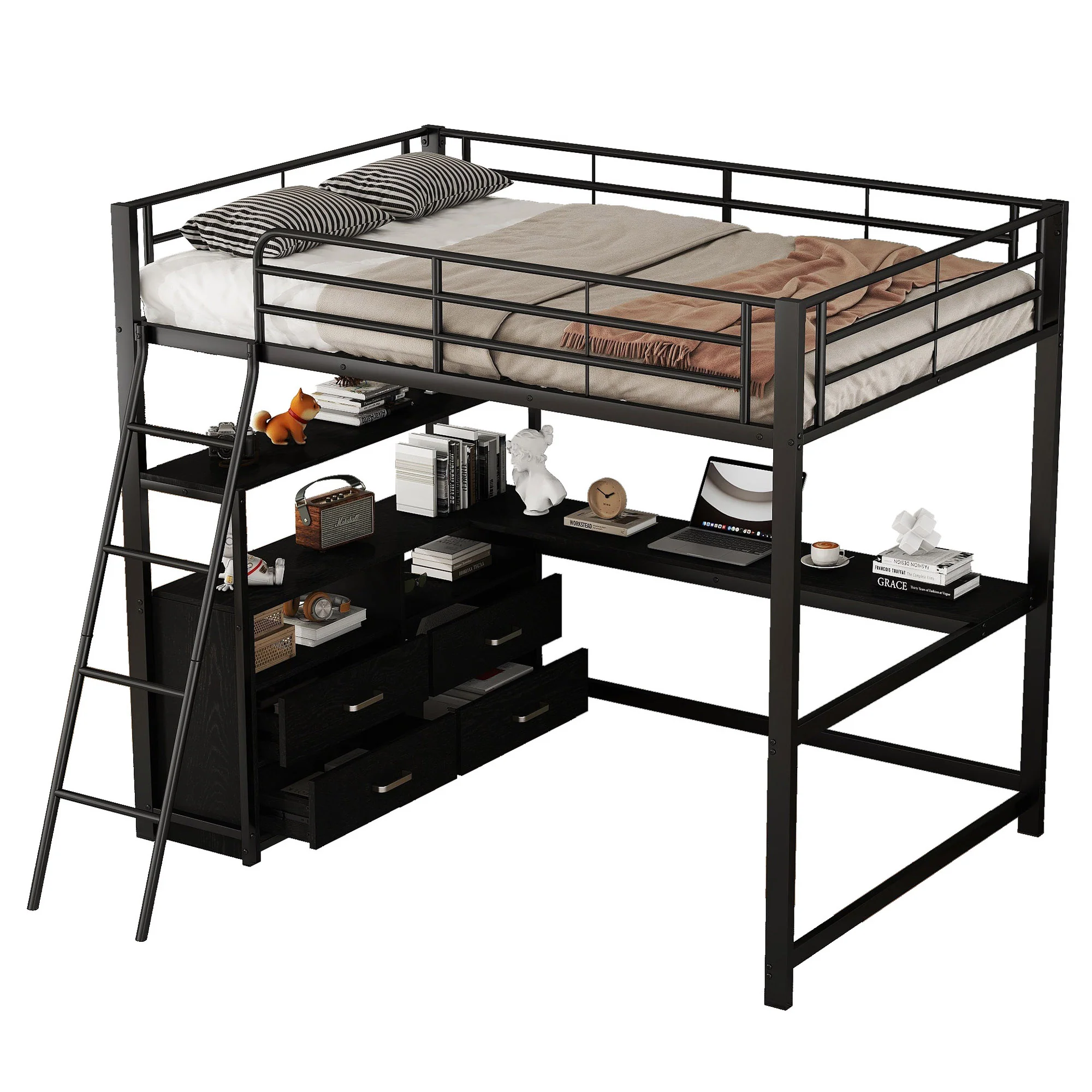 Loft Bed 140x200cm Iron Frame Drawers L-Shaped Desk - Black - Image 5