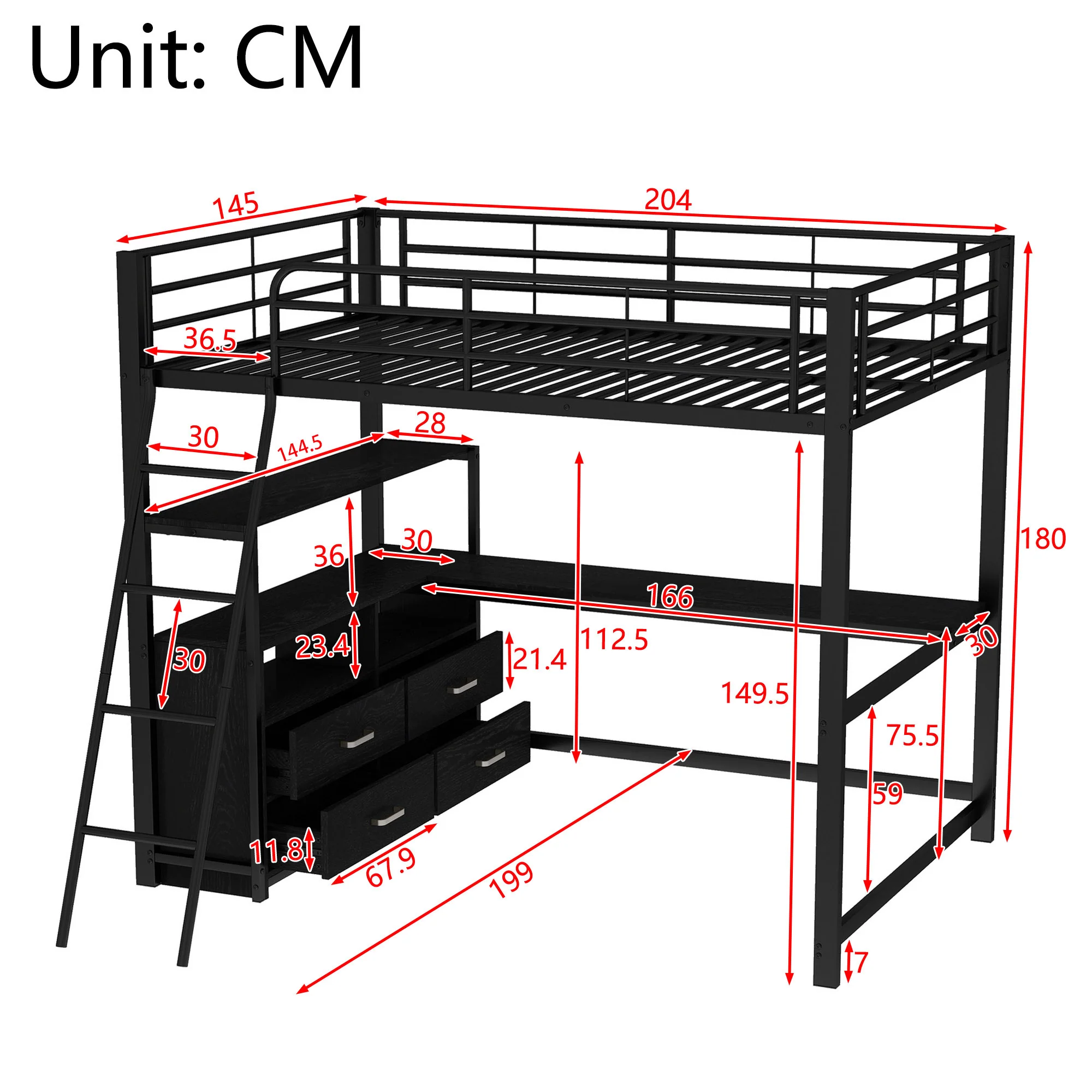 Loft Bed 140x200cm Iron Frame Drawers L-Shaped Desk - Black - Image 6
