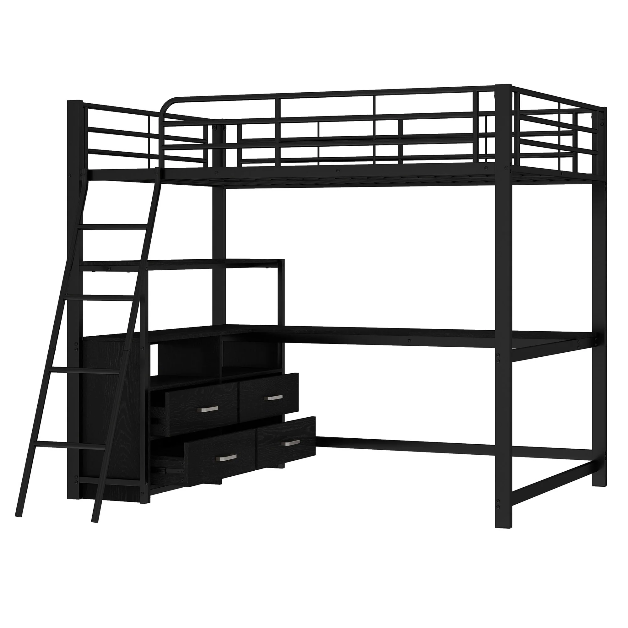Loft Bed 140x200cm Iron Frame Drawers L-Shaped Desk - Black - Image 7