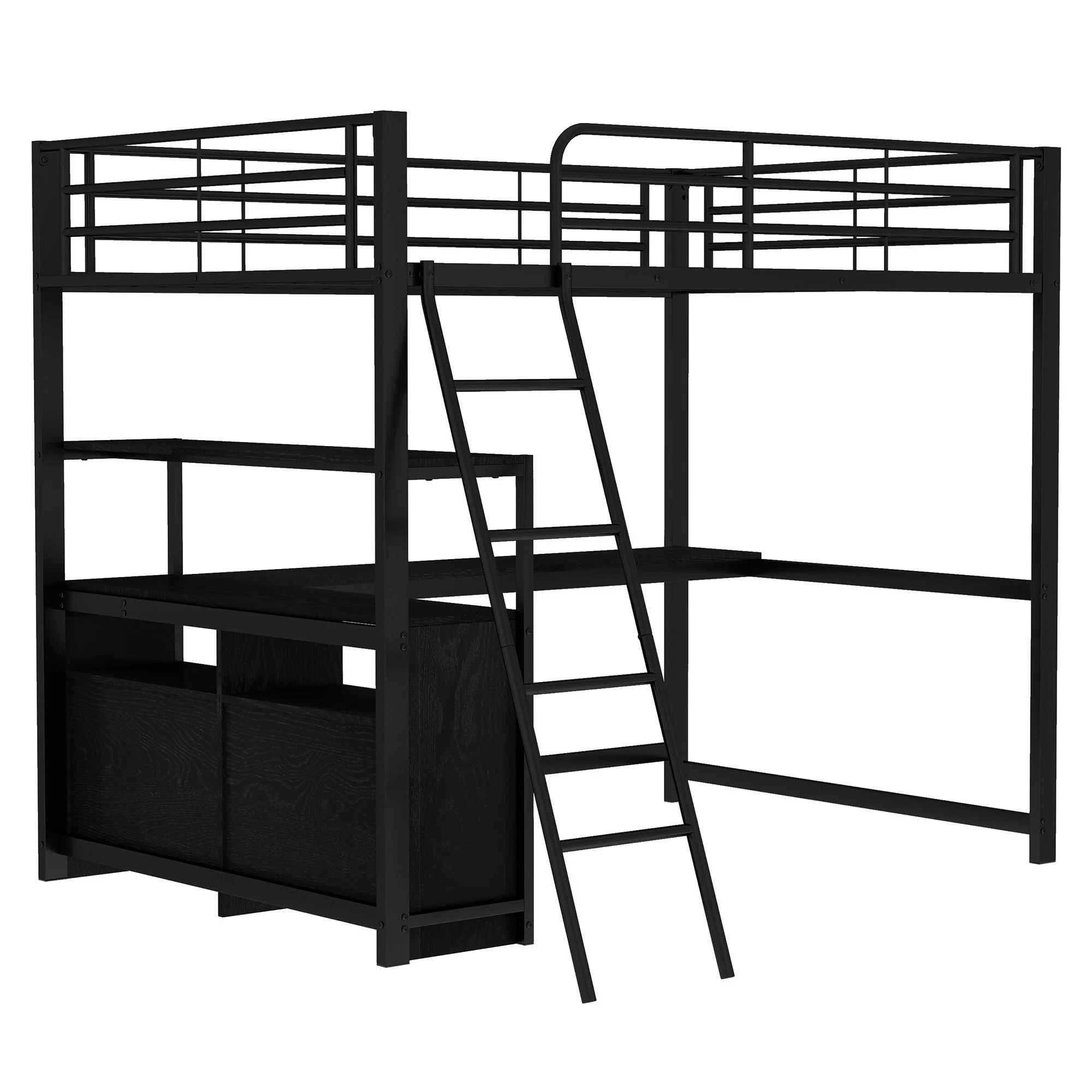 Loft Bed 140x200cm Iron Frame Drawers L-Shaped Desk - Black - Image 9