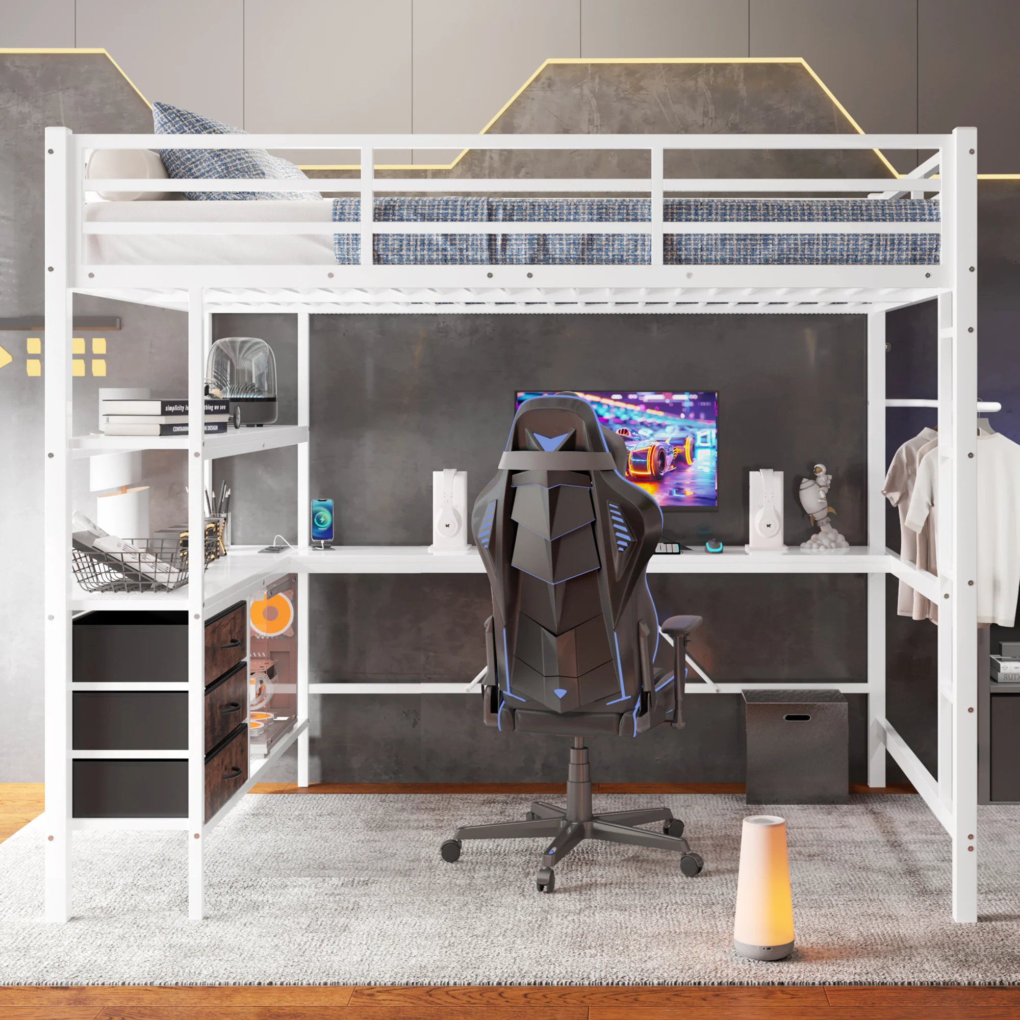 Loft Bed 140x200cm LED Desk USB/Power 3 Drawers Stairs - White - Image 7