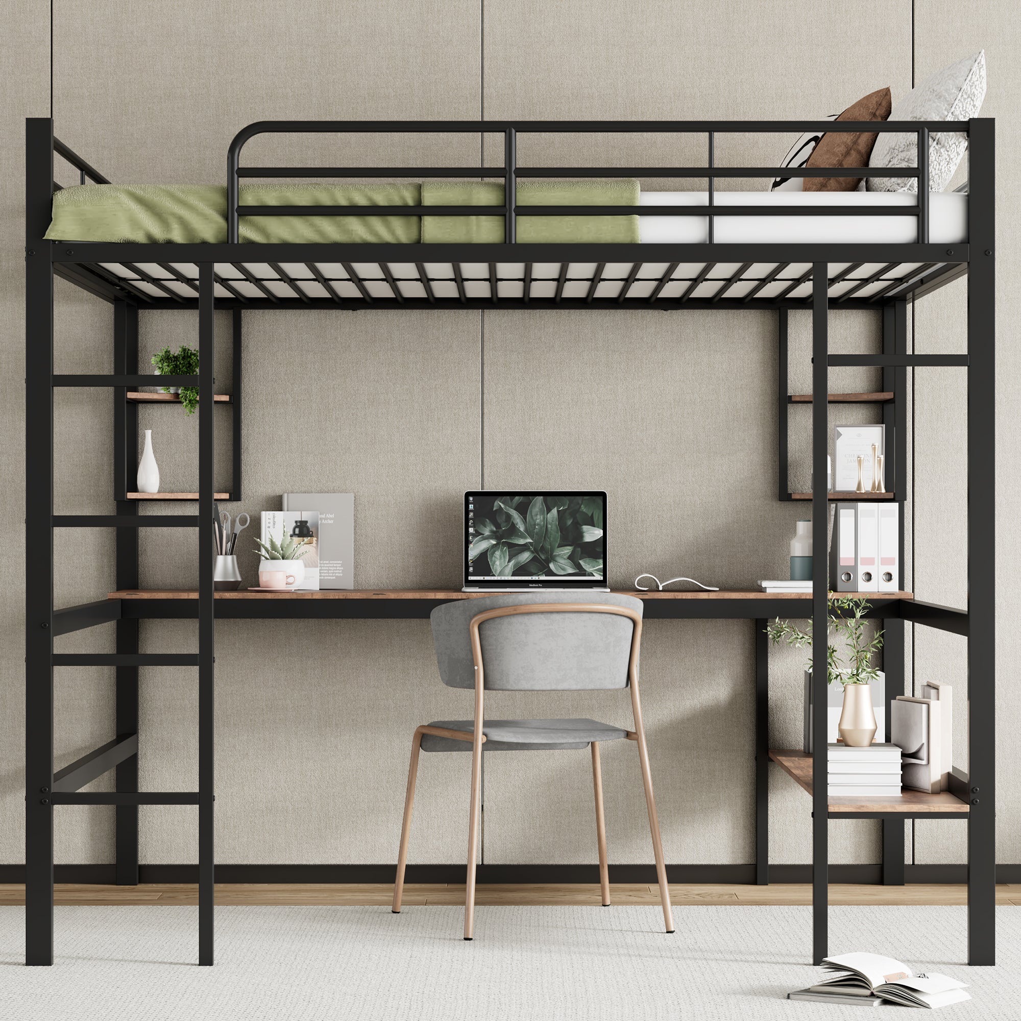 Loft Bed 140x200cm Metal Frame with Desk Shelves & Bookcase - Black - Image 2