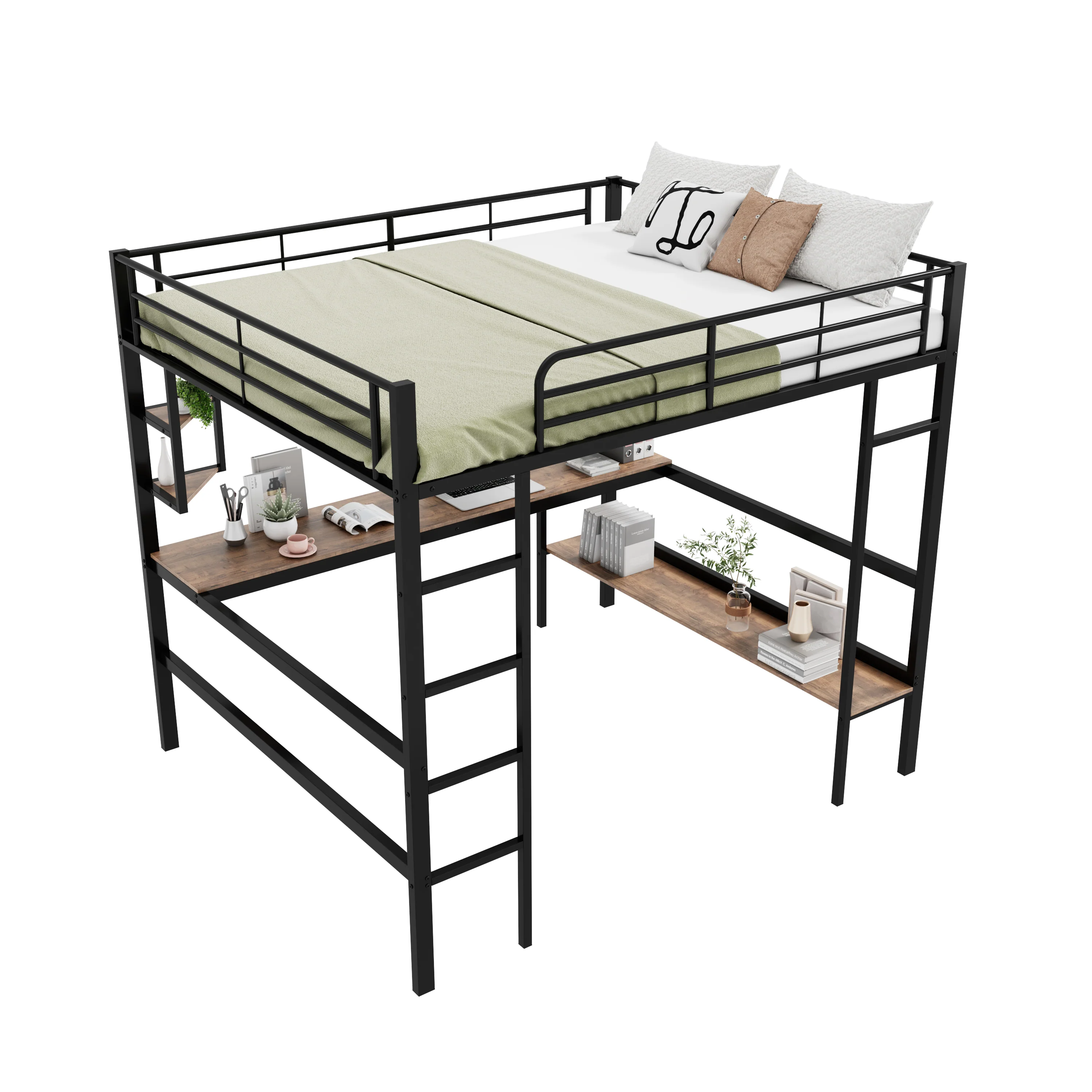 Loft Bed 140x200cm Metal Frame with Desk Shelves & Bookcase - Black - Image 4