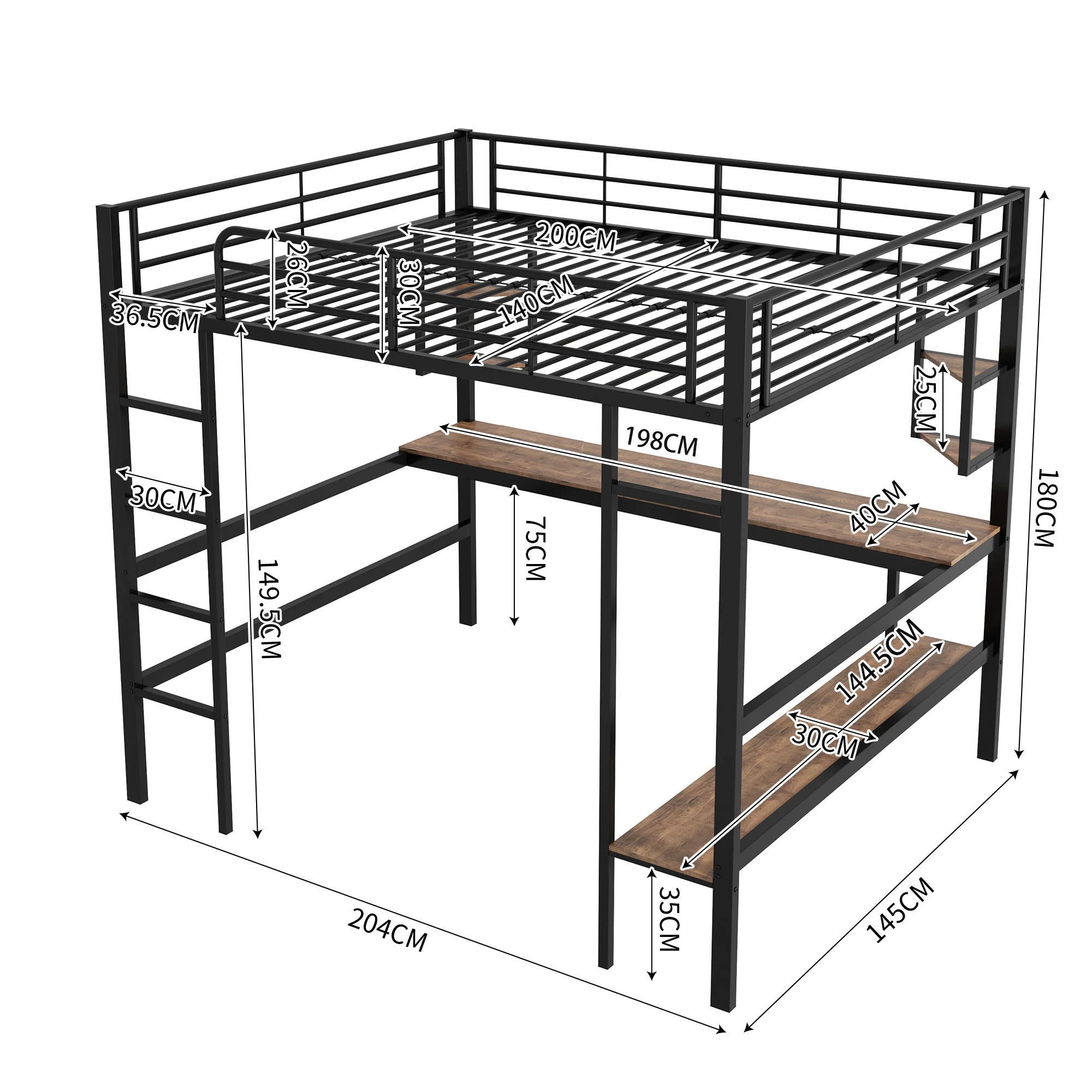 Loft Bed 140x200cm Metal Frame with Desk Shelves & Bookcase - Black - Image 5