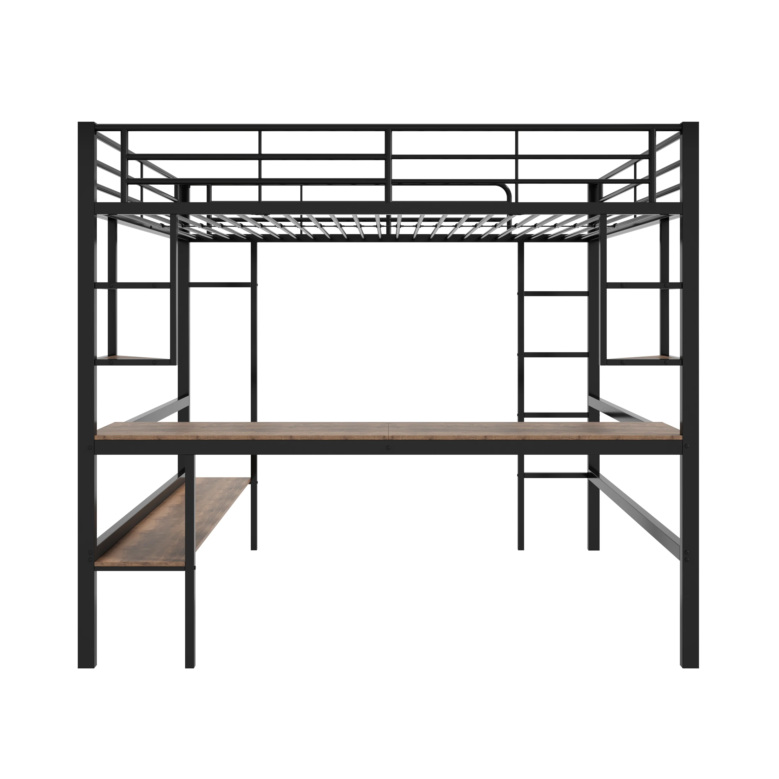 Loft Bed 140x200cm Metal Frame with Desk Shelves & Bookcase - Black - Image 9