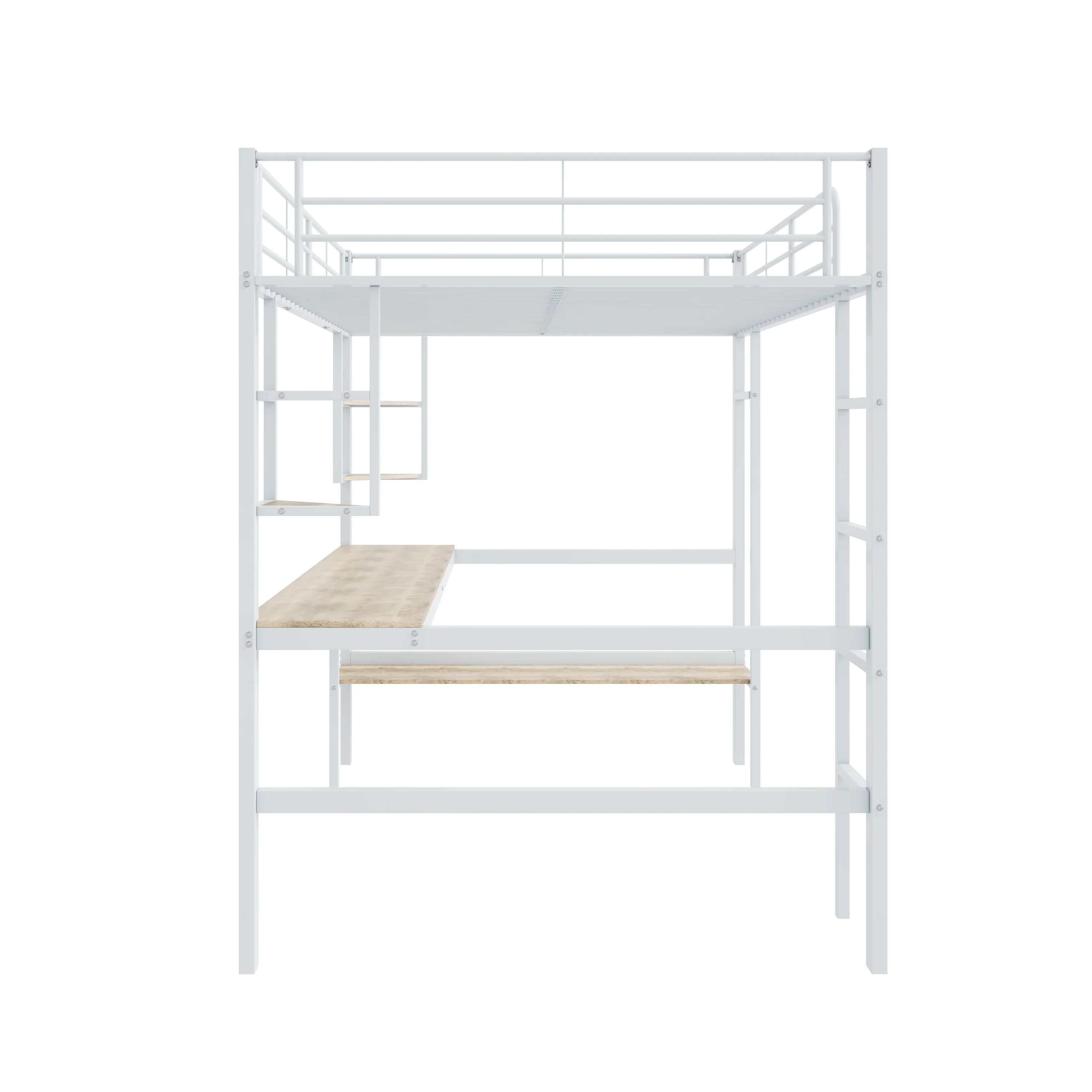 Loft Bed 140x200cm Metal Frame with Desk Shelves & Bookcase - White - Image 10