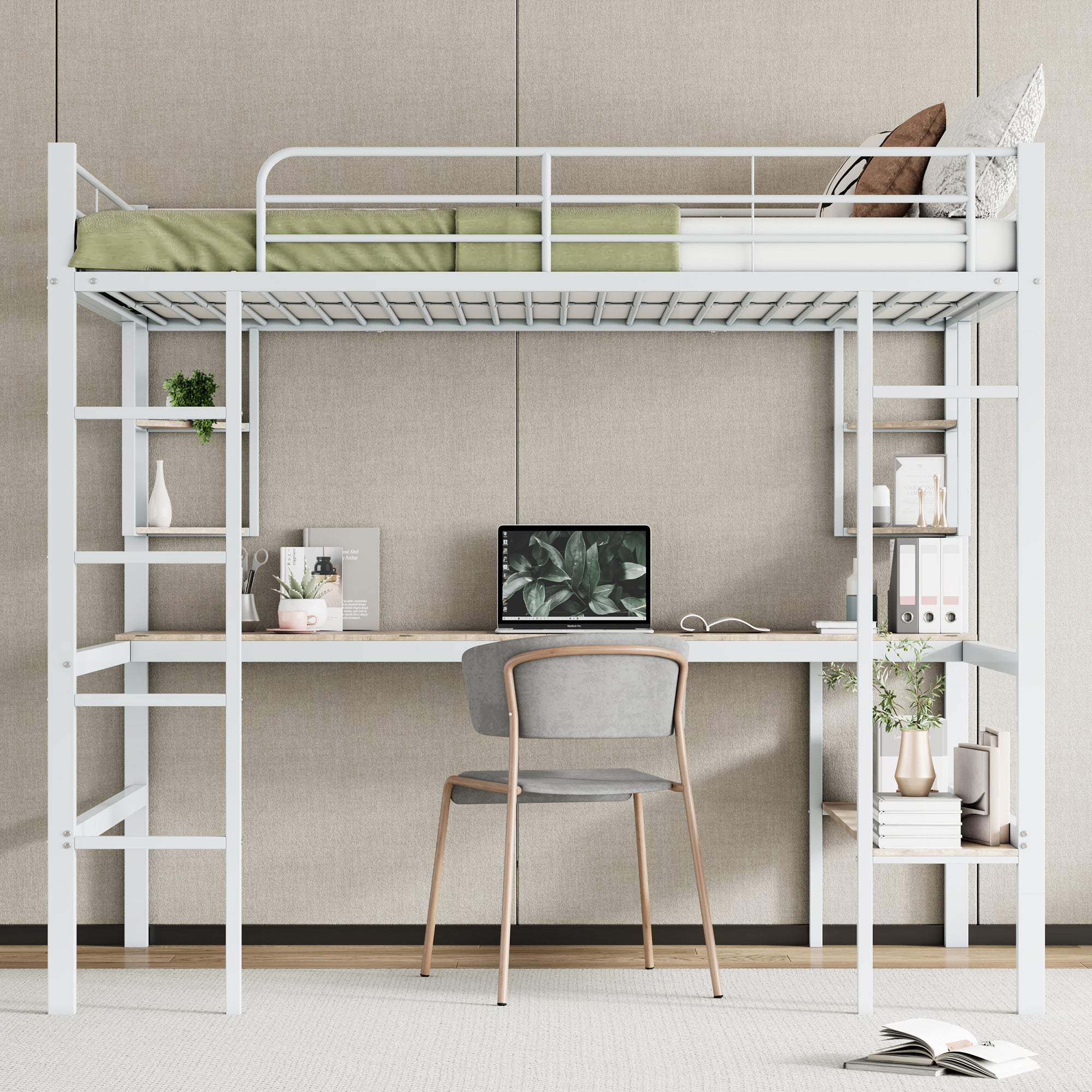 Loft Bed 140x200cm Metal Frame with Desk Shelves & Bookcase - White - Image 2