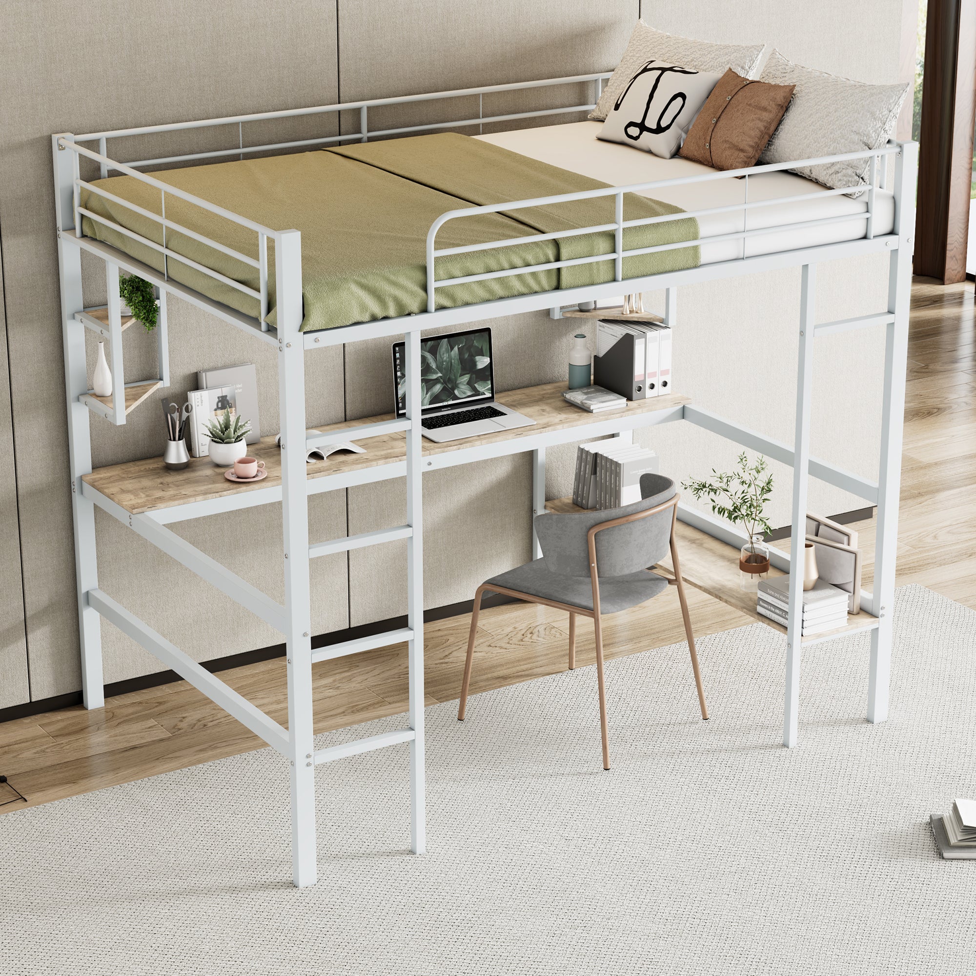 Loft Bed 140x200cm Metal Frame with Desk Shelves & Bookcase - White - Image 3