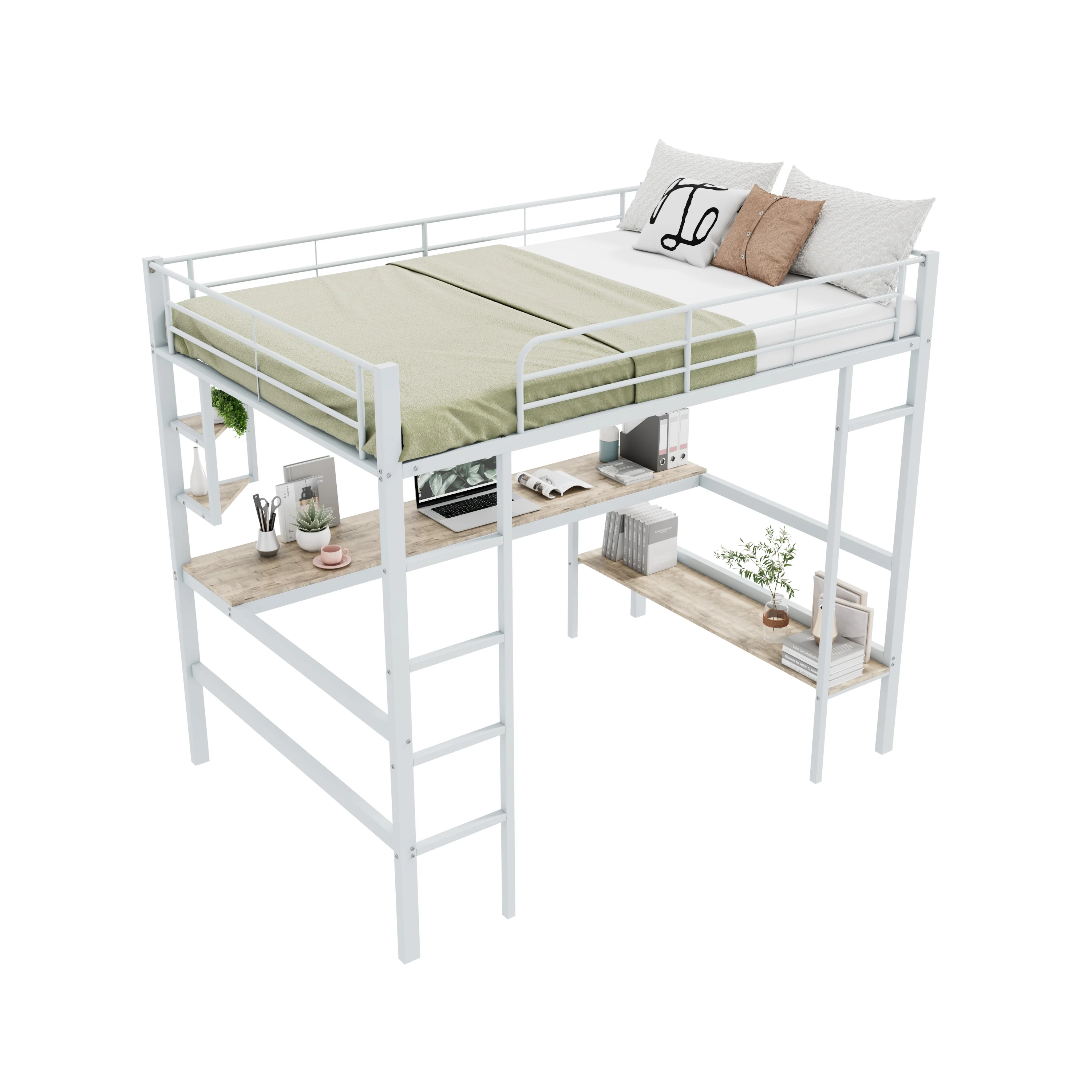 Loft Bed 140x200cm Metal Frame with Desk Shelves & Bookcase - White - Image 4