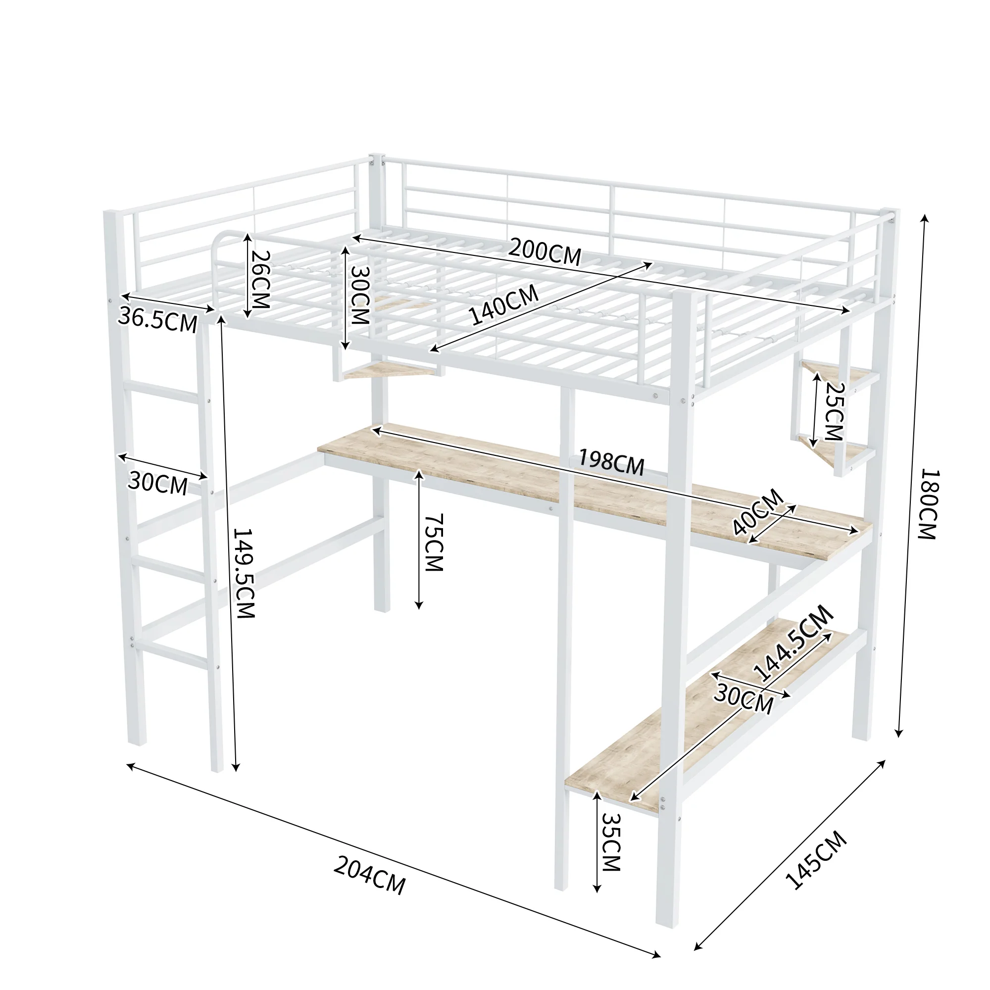 Loft Bed 140x200cm Metal Frame with Desk Shelves & Bookcase - White - Image 5