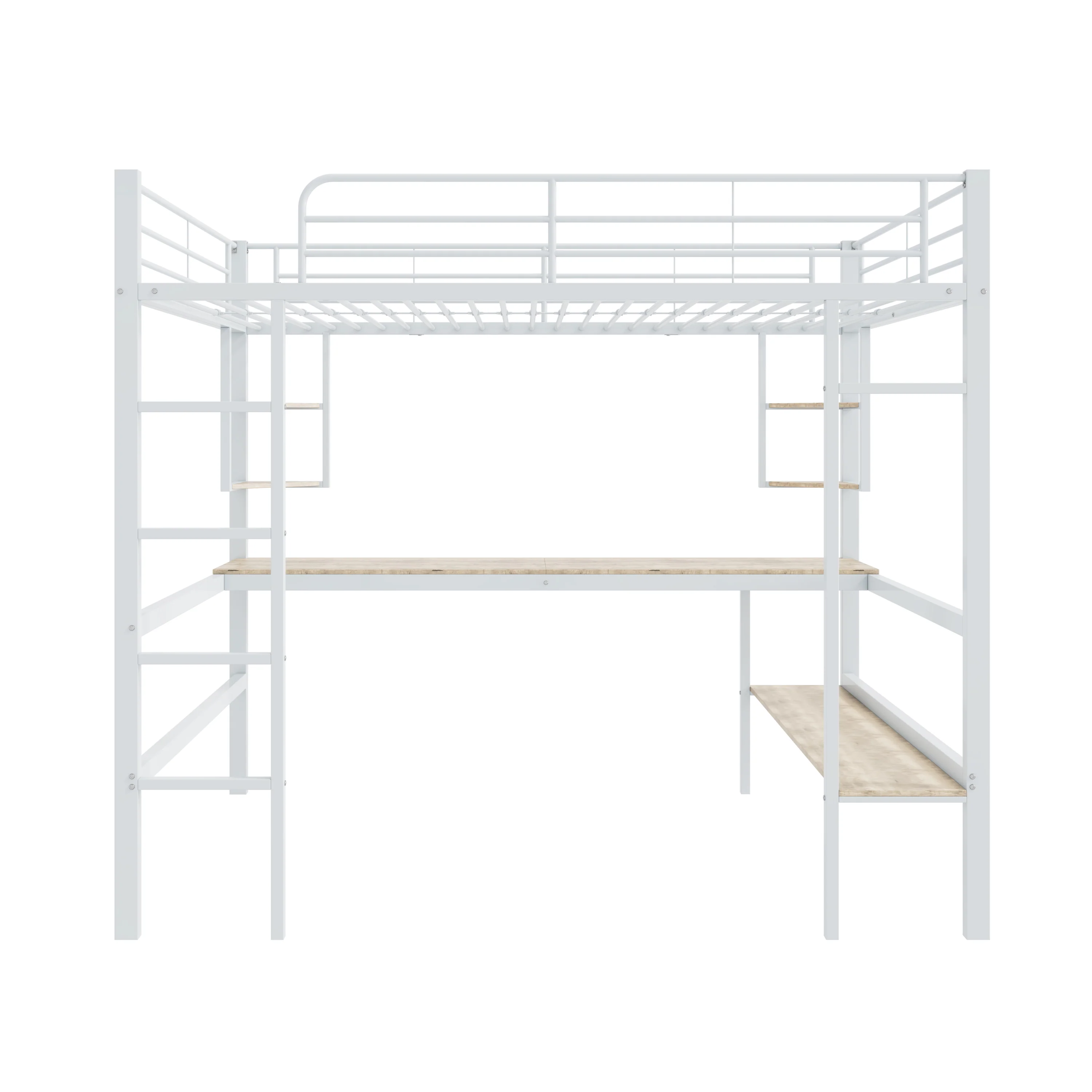 Loft Bed 140x200cm Metal Frame with Desk Shelves & Bookcase - White - Image 6