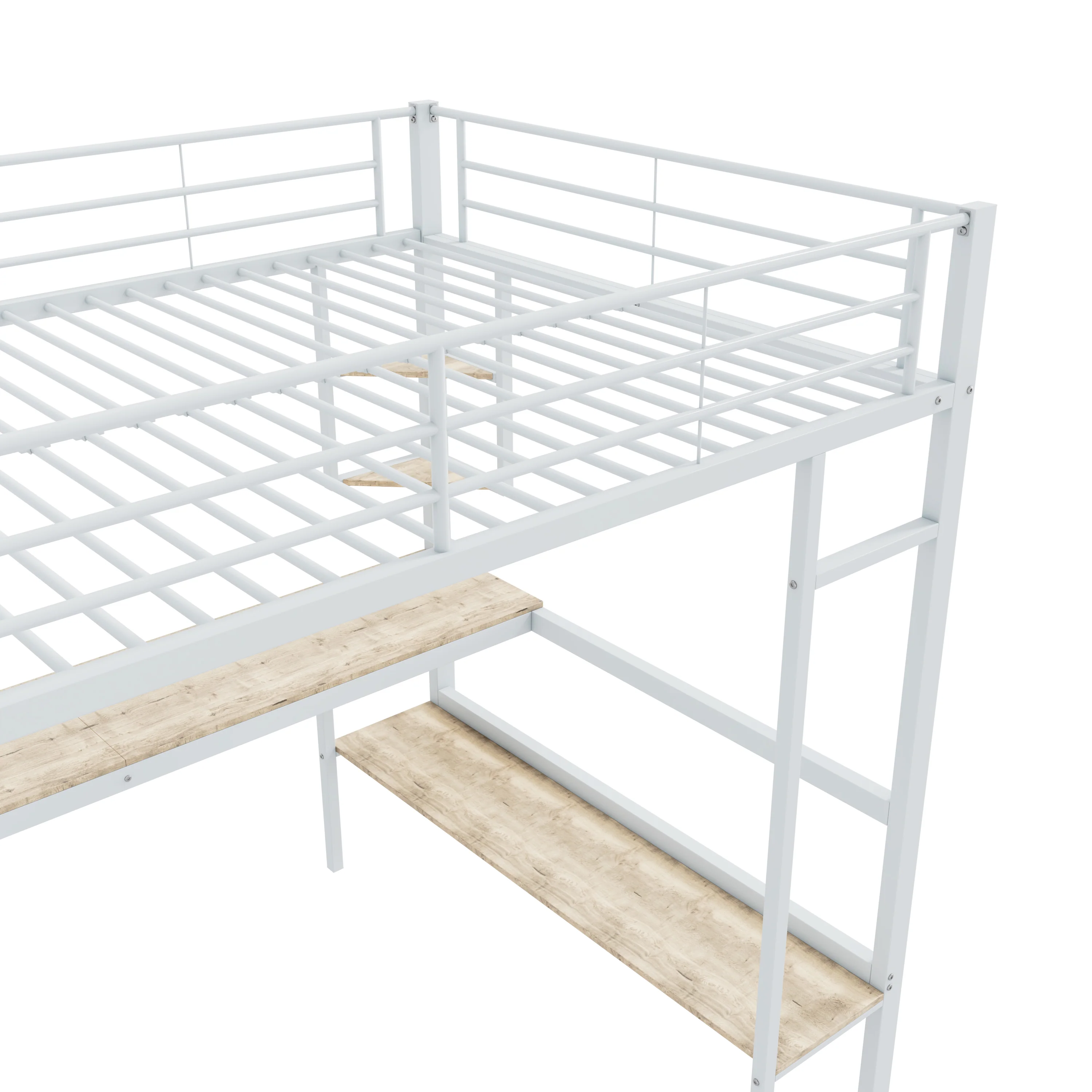 Loft Bed 140x200cm Metal Frame with Desk Shelves & Bookcase - White - Image 8