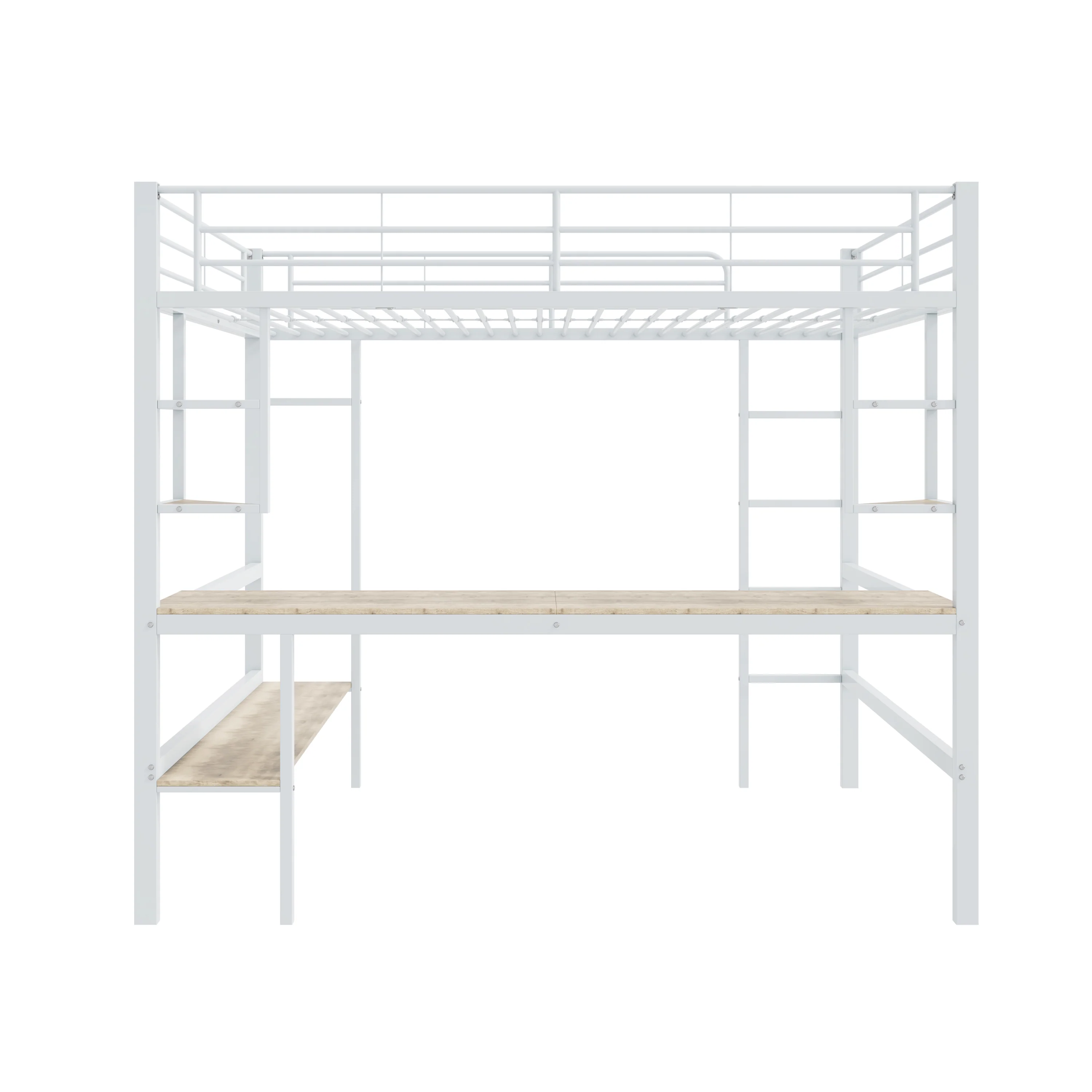 Loft Bed 140x200cm Metal Frame with Desk Shelves & Bookcase - White - Image 9