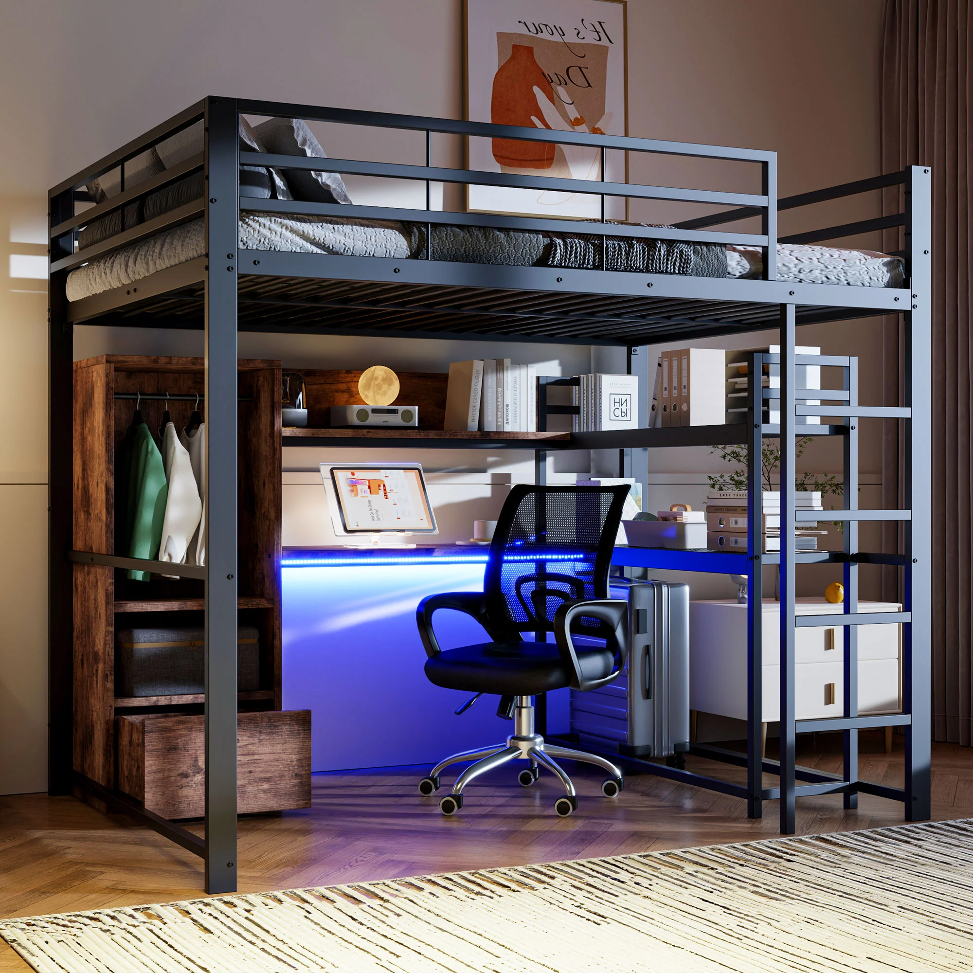 Loft Bed 140x200cm Metal LED Desk Drawer Shelves Stairs - Black