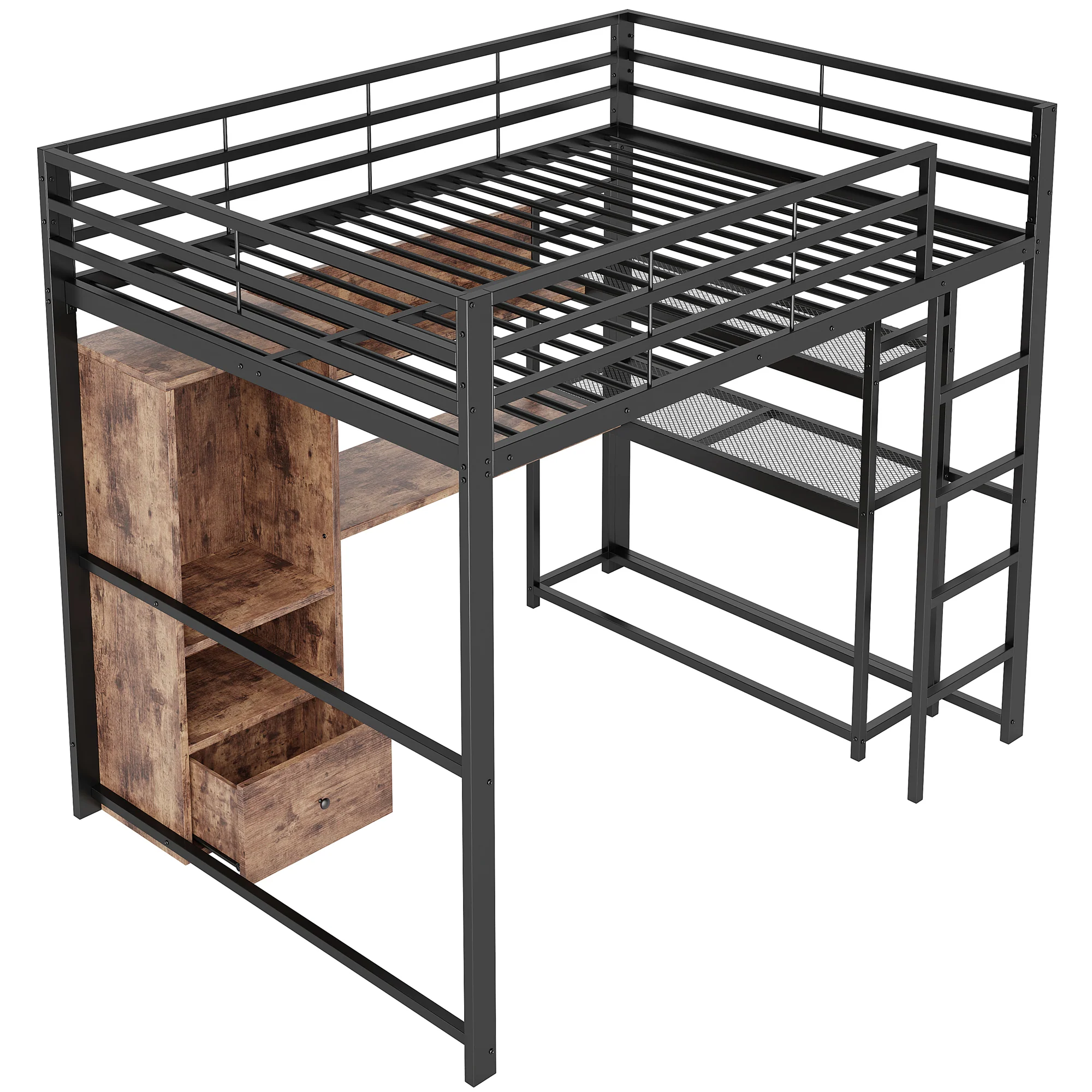 Loft Bed 140x200cm Metal LED Desk Drawer Shelves Stairs - Black - Image 10