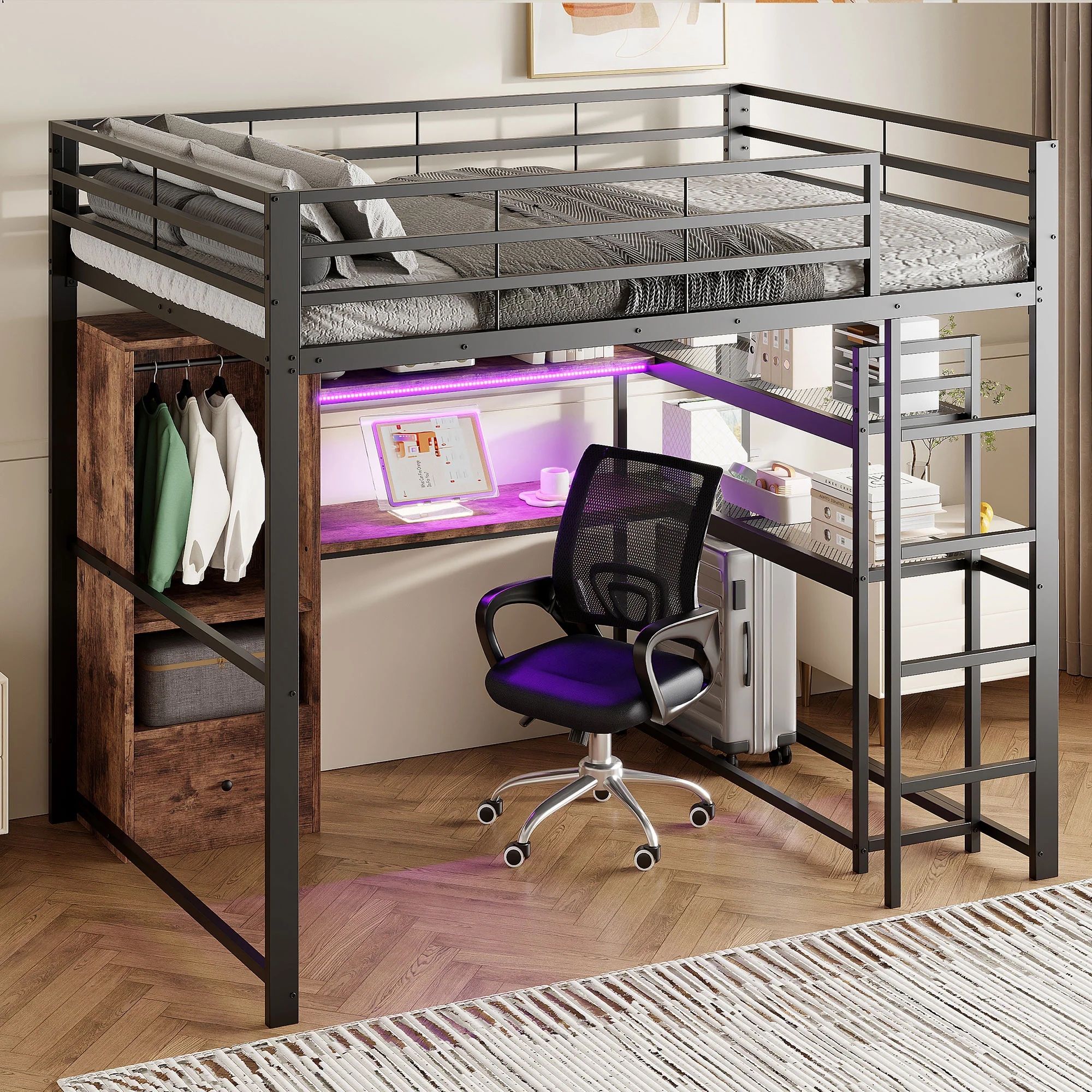Loft Bed 140x200cm Metal LED Desk Drawer Shelves Stairs - Black - Image 2