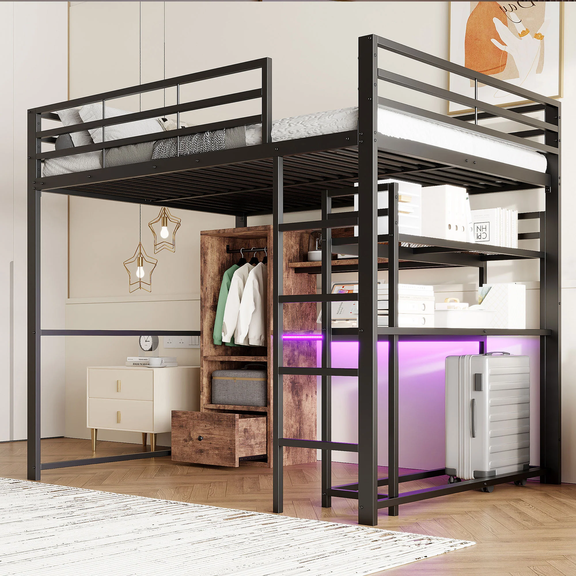 Loft Bed 140x200cm Metal LED Desk Drawer Shelves Stairs - Black - Image 3
