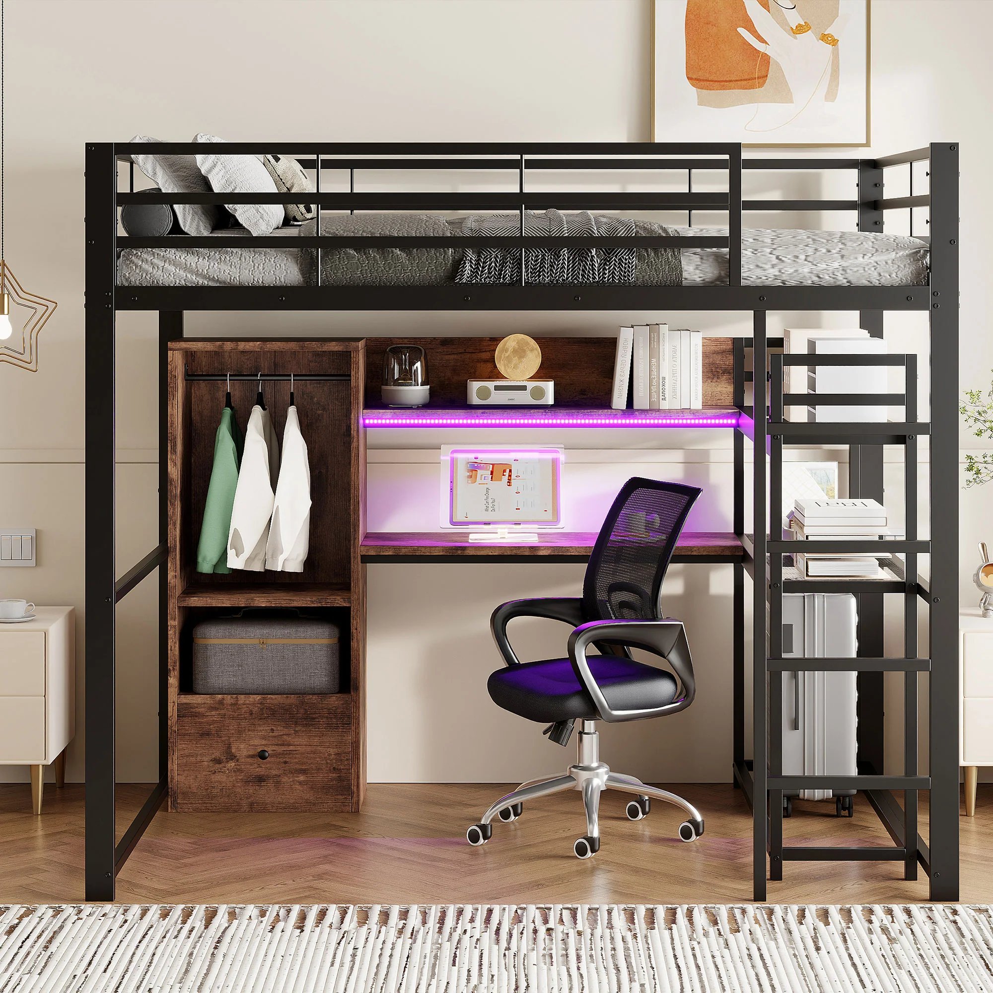 Loft Bed 140x200cm Metal LED Desk Drawer Shelves Stairs - Black - Image 4
