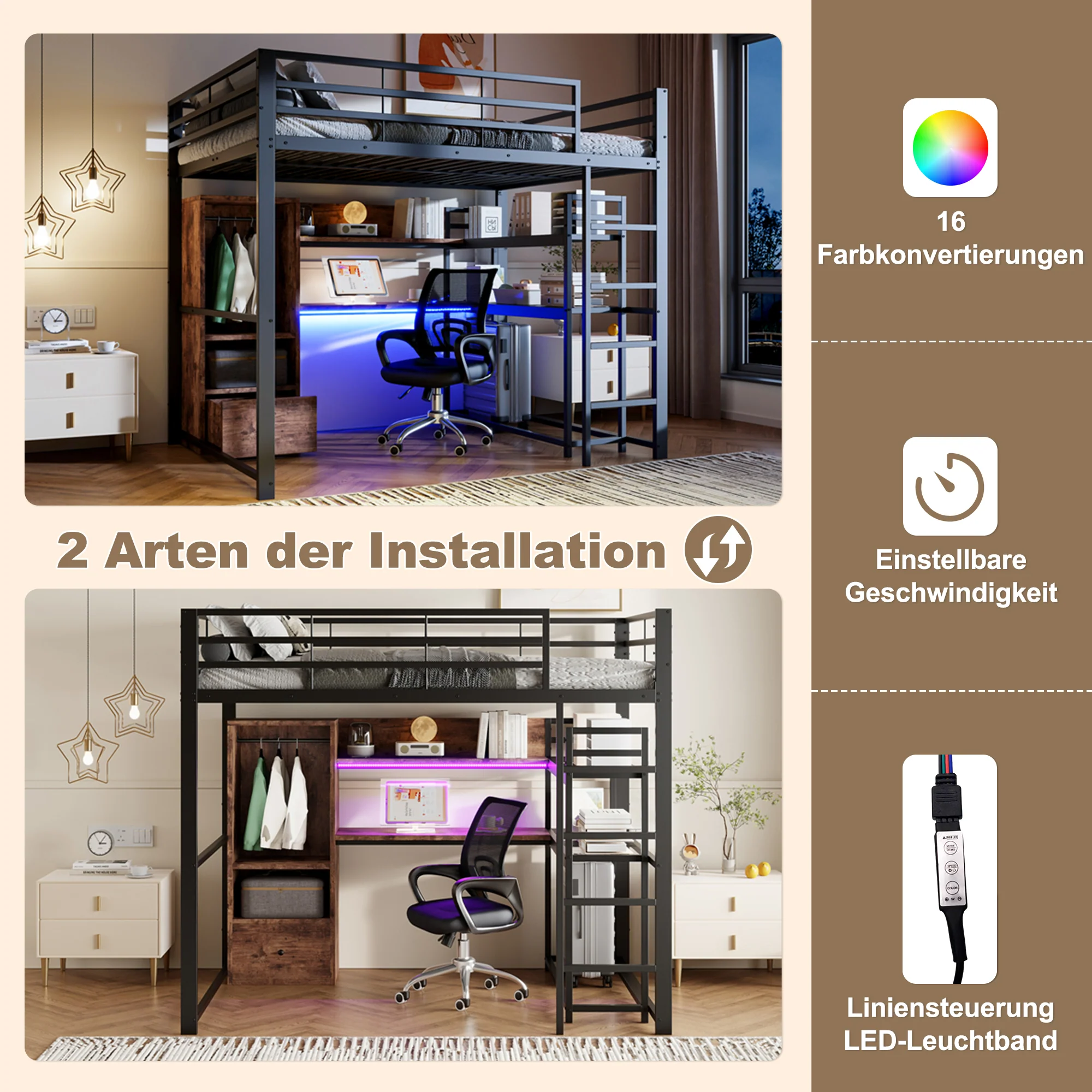 Loft Bed 140x200cm Metal LED Desk Drawer Shelves Stairs - Black - Image 6