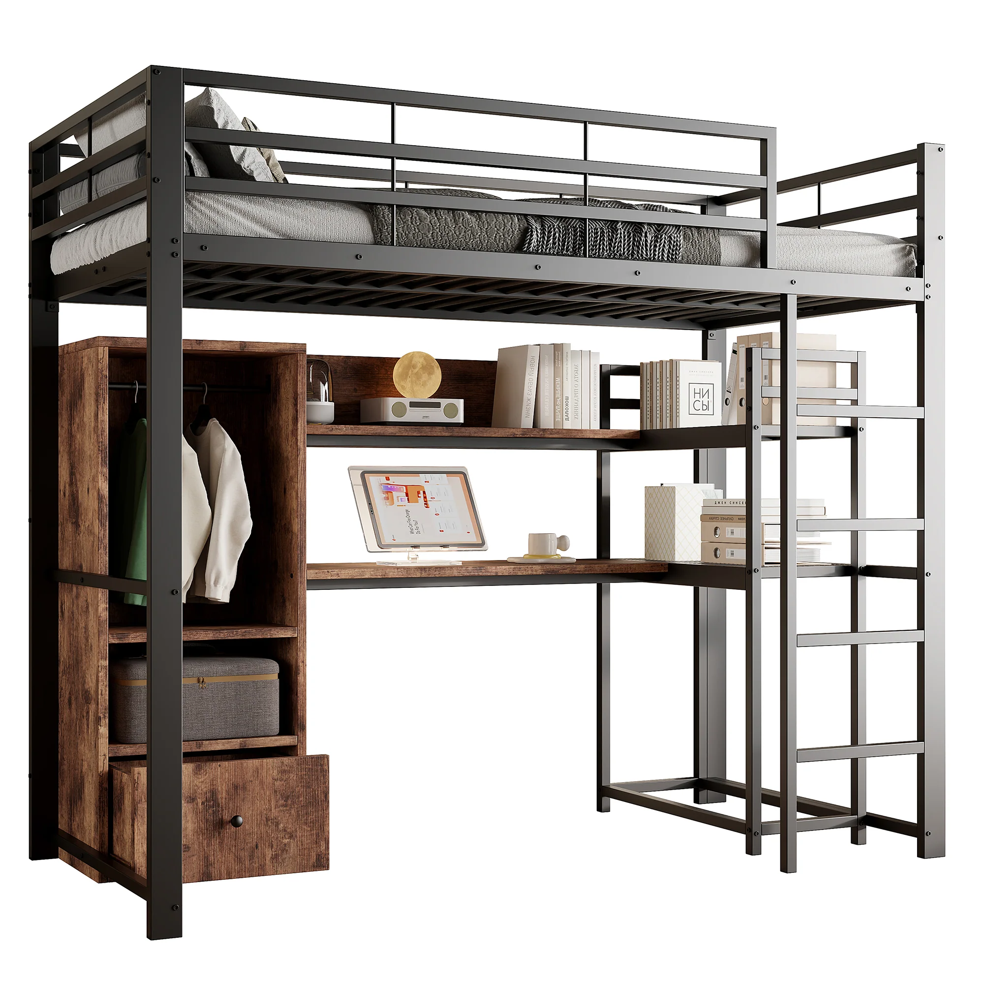 Loft Bed 140x200cm Metal LED Desk Drawer Shelves Stairs - Black - Image 9