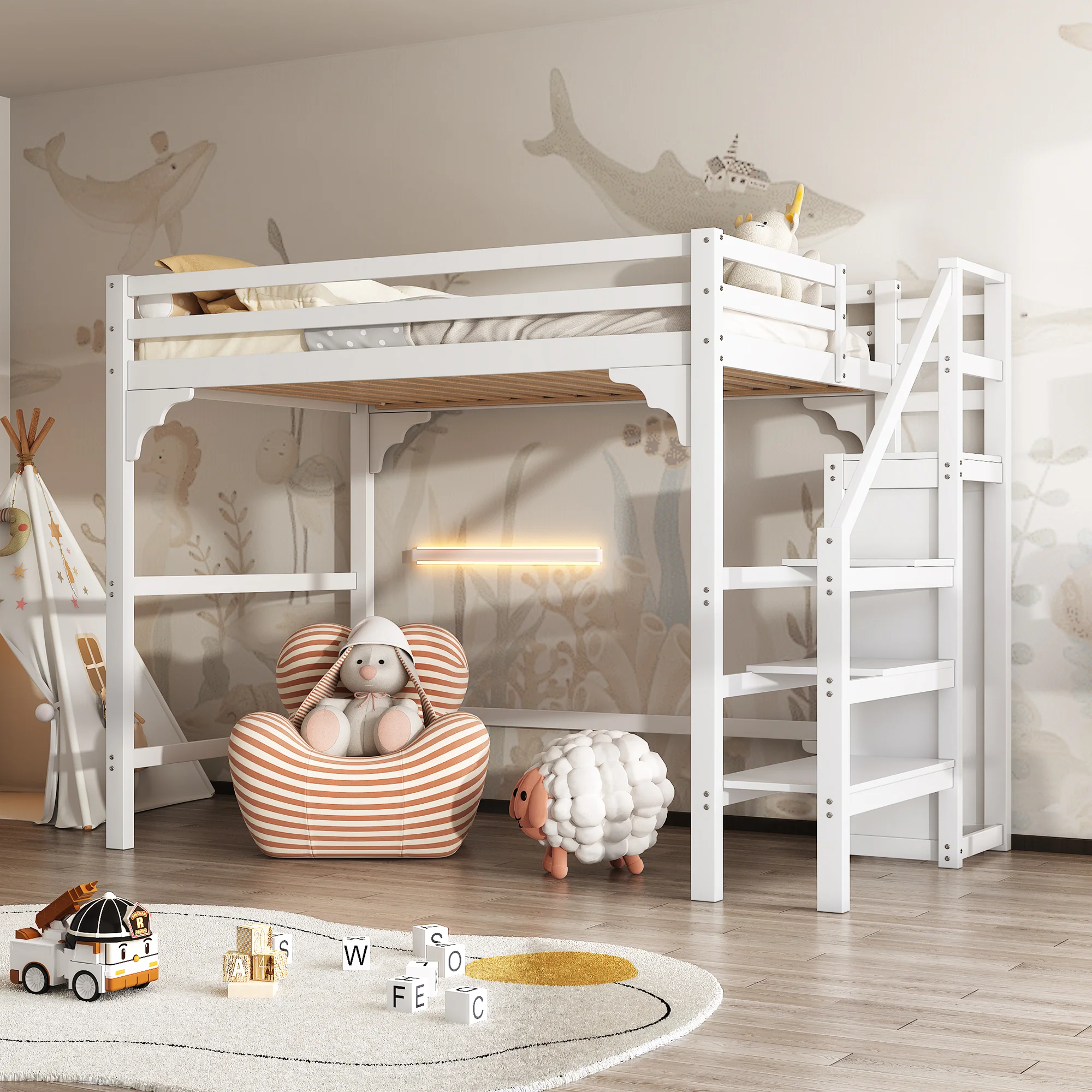 Loft Bed 140x200cm Steps Wardrobe Storage - White
